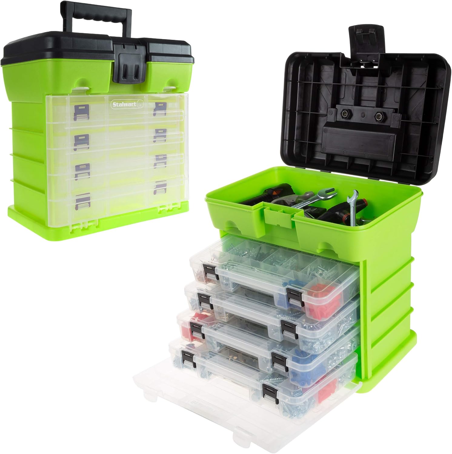 Portable Tool Box - Small Parts Organizer with Drawers and Customizable Compartments for Hardware, Fishing Tackle, Beads or Crafts by Stalwart (Green)