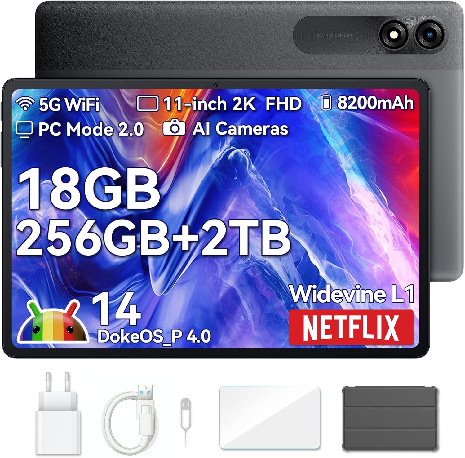 Blackview Tab 9WiFi 11 Inch Tablet Android 14 Tablet | 18RAM & 256GB+1TB | 2K INCELL Screen | 12H Gaming & Gemini AI | Unisoc T606 Octa-Core|Widevine L1| 13MP +8MP| Free Case