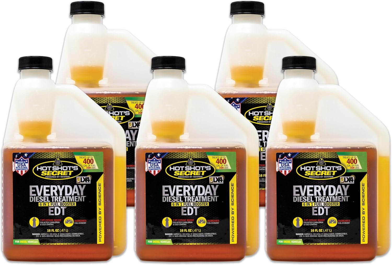 Hot Shot's Secret Everyday Diesel Treatment 16 oz. (5 Pack) Squeeze Bottle, 6-in-1 Diesel Additive - Injector Cleaner, Fuel System Cleaner, Fuel Additive Boosts Cetane, Packaging May Vary
