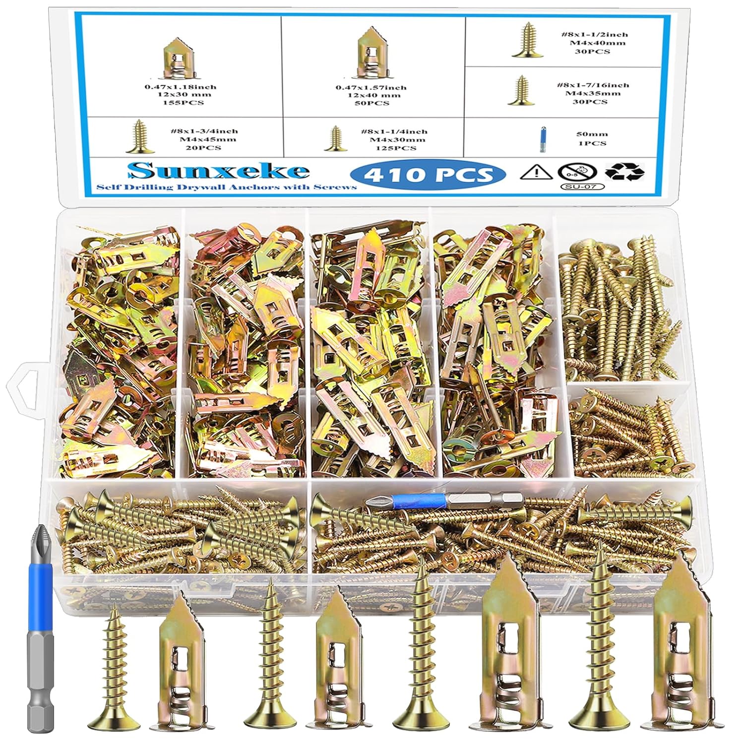 410 PCS Self Drilling Drywall Anchors with Screws Kit - 2 Sizes Sheetrock Anchors & 4 Sizes Zinc Expansion Screws,2025 Upgraded Zinc Plated Steel,No Drill Needed, Holds Up to 66LB on Walls