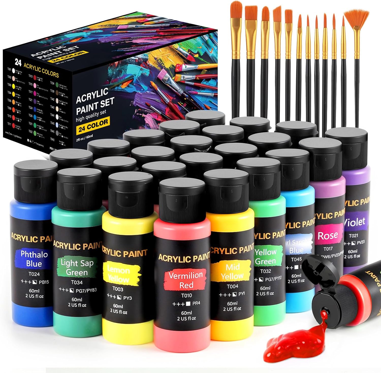 Acrylic Paint Set, 24 Colors (2 oz/Bottle) with 12 Art Brushes, Art Supplies for Painting Canvas, Wood, Ceramic & Fabric, Rich Pigments Lasting Quality for Beginners, Students & Professional Artist