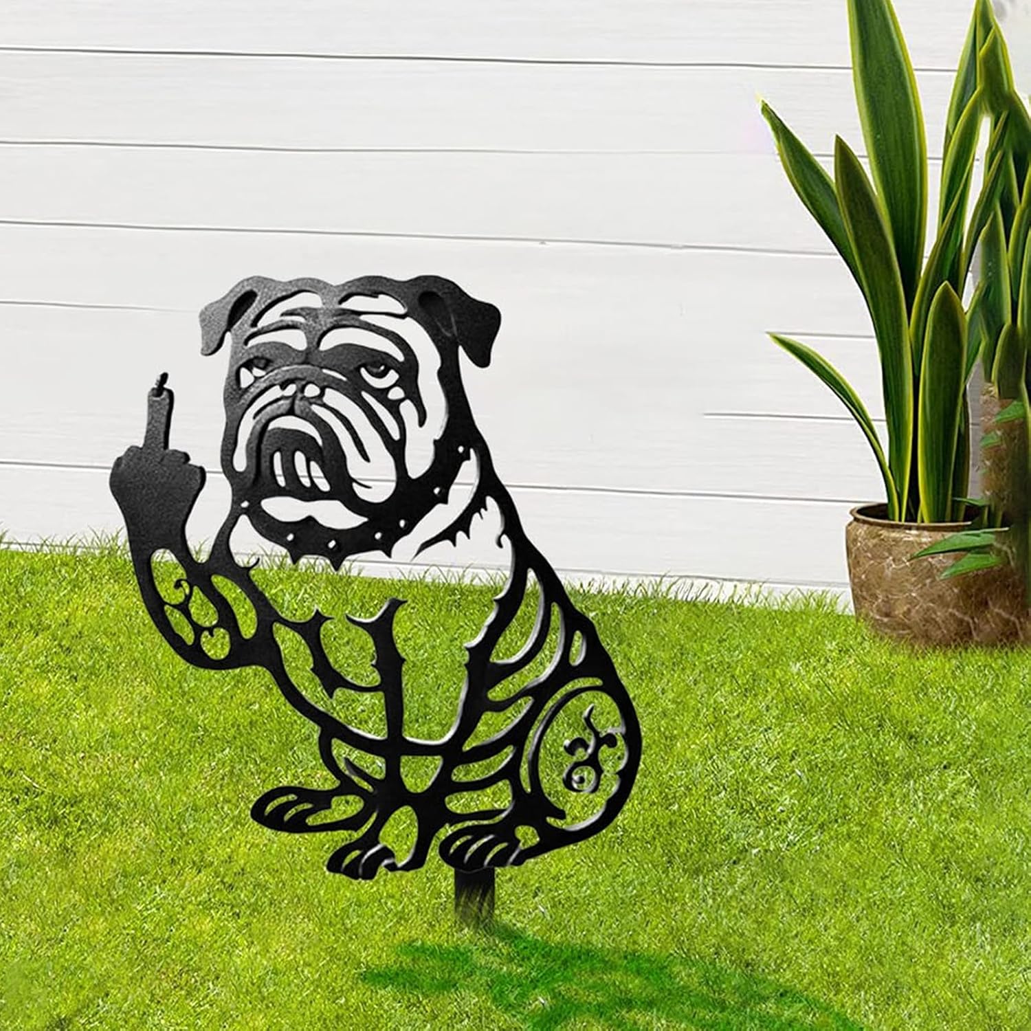 Sbyhbhyds Funny Metal Bull-dog Garden Stakes Decor, French Dogs Middle Finger Black Puppy Silhouette Cutout Statues Welcome Sign for Yard Ornaments Patio,Outdoor Decorative Art Animal Gifts (Black)