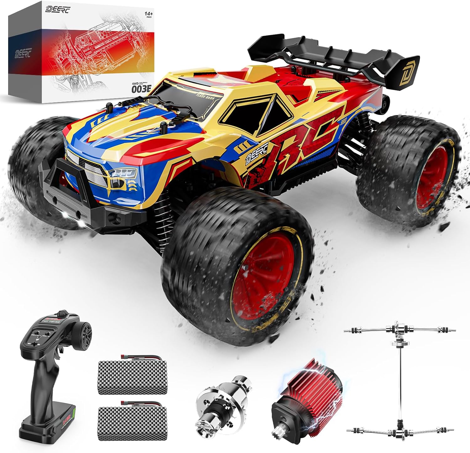 DEERC 1/14 Brushless Fast RC Cars for Adults Boys,Max 50KM/H High Speed Remote Control Car,4X4 All Terrains RC Monster Truck,Waterproof Off-Road Hobby Electric Vehicle Car Gift,2 Li-ion Batteries