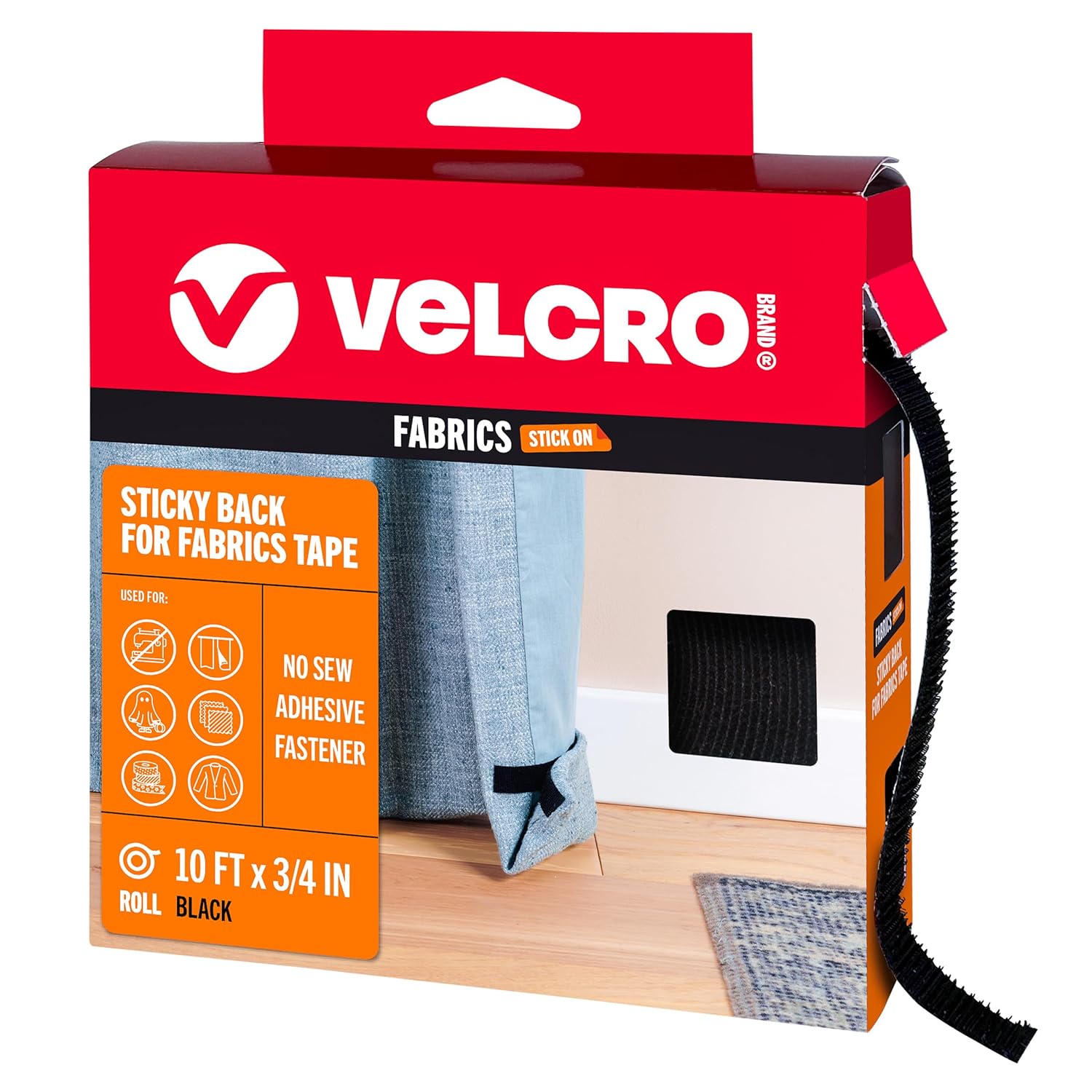 VELCRO Brand Sticky Back for Fabrics, 10 Ft Bulk Roll No Sew Tape with Adhesive, Cut Strips to Length Peel and Stick Bond to Clothing for Hemming Replace Zippers and Snaps, Black