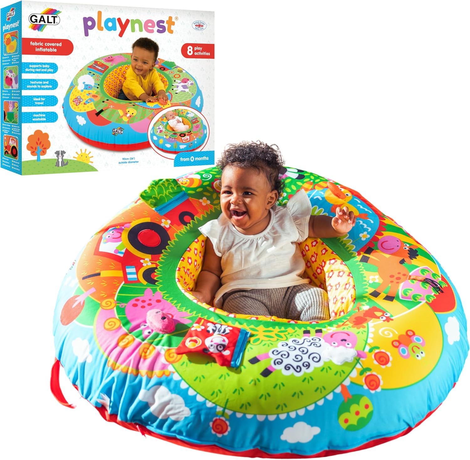 Galt Playnest, Farm - Baby Sit Me Up with Inflatable Ring, Head and Neck Support, 8 Sensory Activities,100cm Diameter and Machine Washable Cover - Easy Travel, Suitable from Birth - Ages 0 Months Plus
