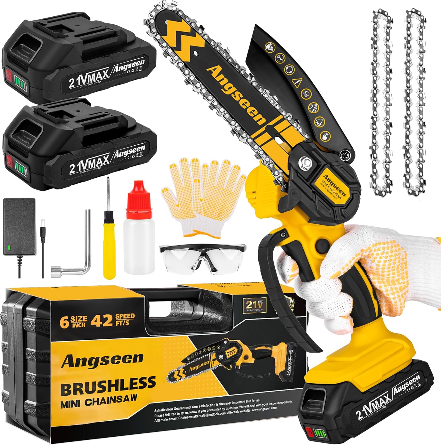 Brushless Mini Chainsaw Cordless 6 Inch, Electric Saw Battery Chainsaw Chain Saws with 2 2.0Ah Battery and 2 Super Chains, Small Chainsaw Power Tools for Cutting Trees, Cut Wood, Tree