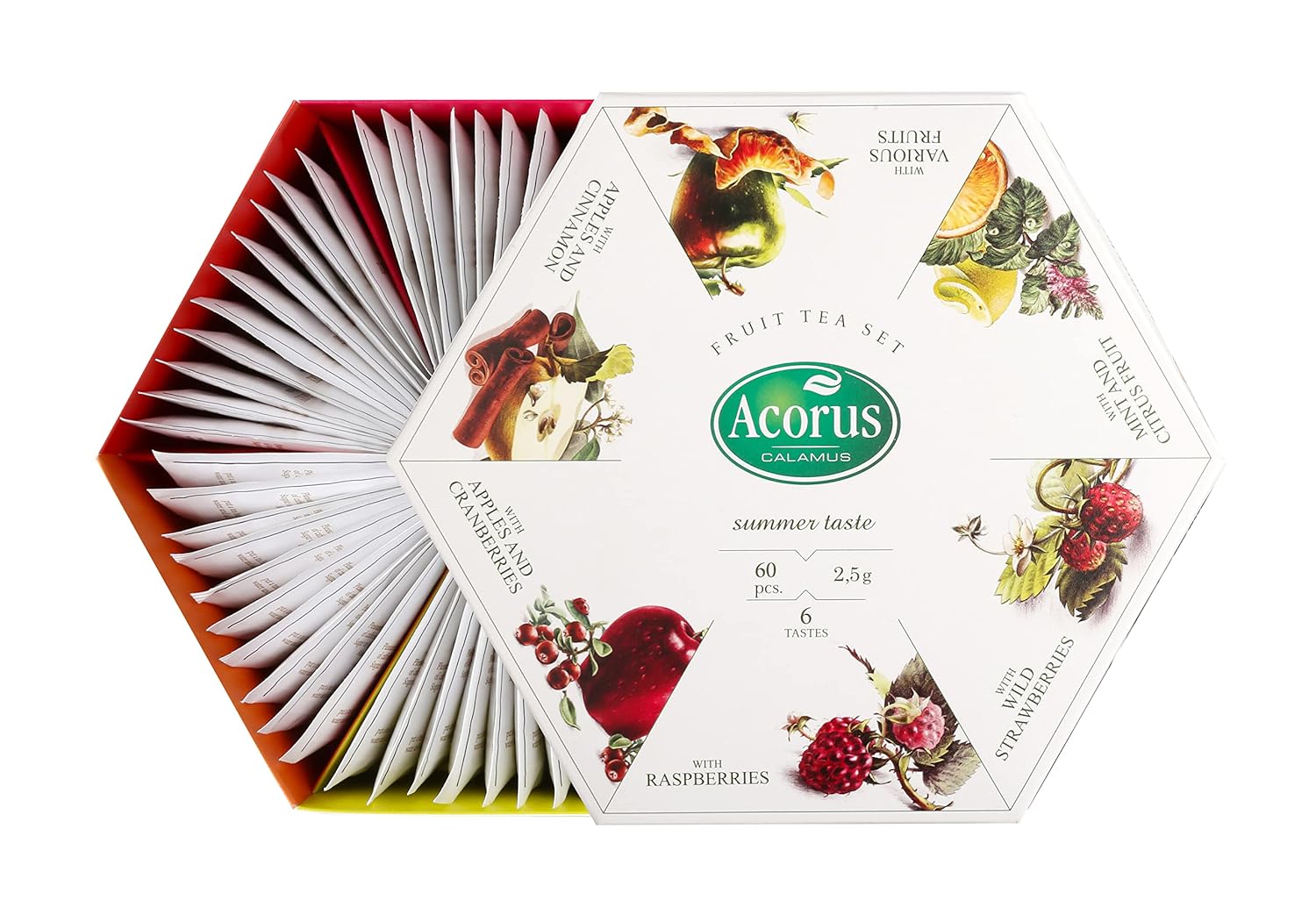 ACORUS Summer Taste Tea Set - Natural Assorted Tea Hamper Box Gift Set, Large Selection Box 60 Teas Bags, 6 Fruit and Berry Flavour Sampler, Perfect for Refreshing Iced Drinks