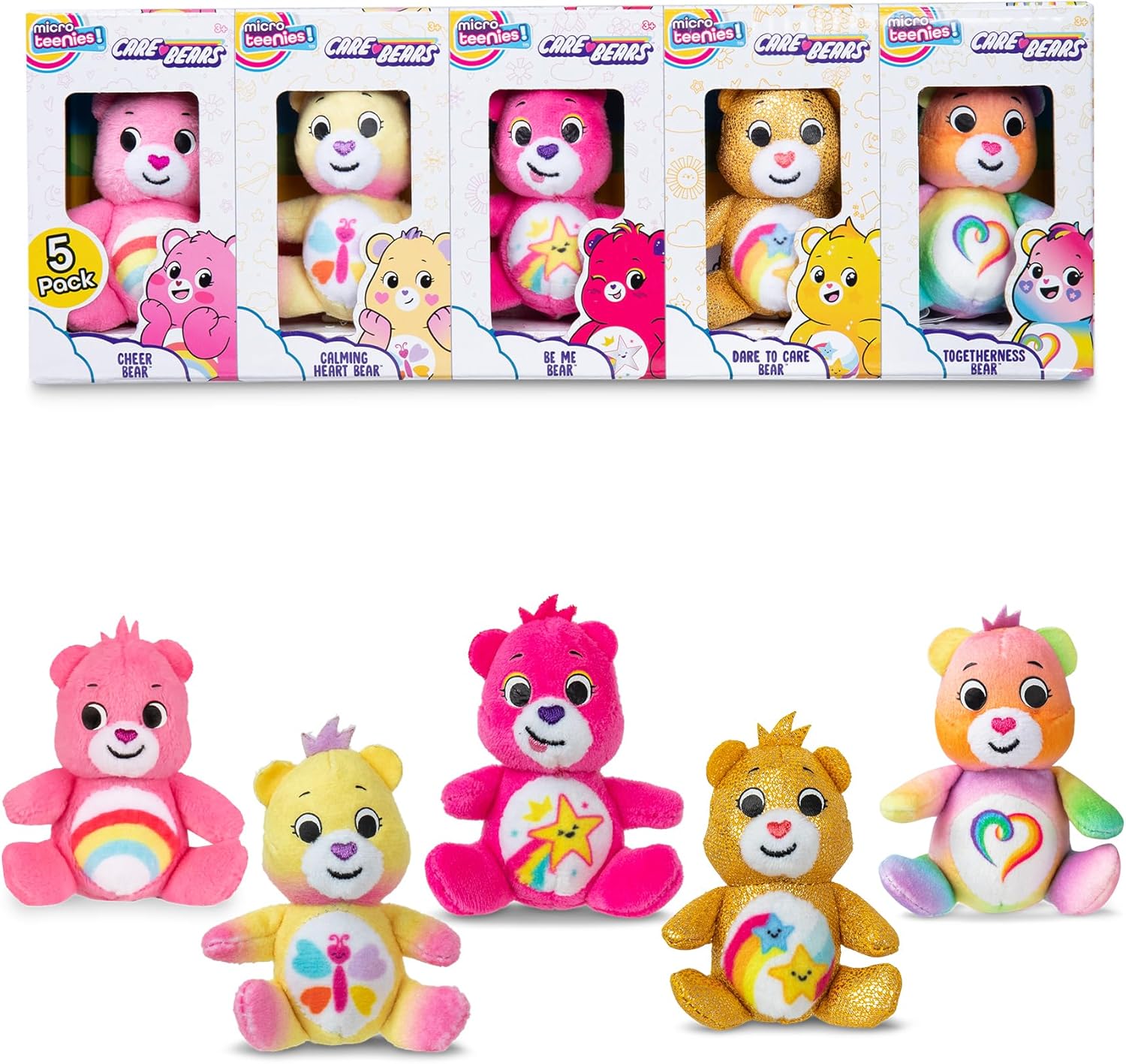 Care Bears 3" Micro Plush 5-Pack Treasure Box - Collectible Miniature Plush Figure, Suffed Animal, Toy Mini Soft Figure for Kids Ages 4+
