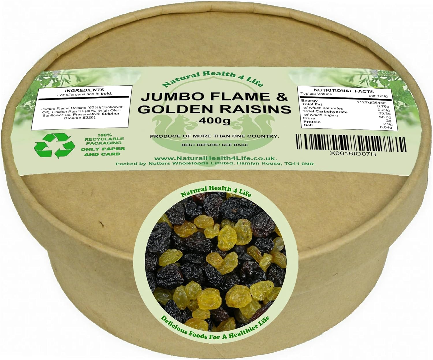 Natural Health 4 Life Jumbo Flame Raisins and Golden Raisins 400 g (1 Kraft Tub)