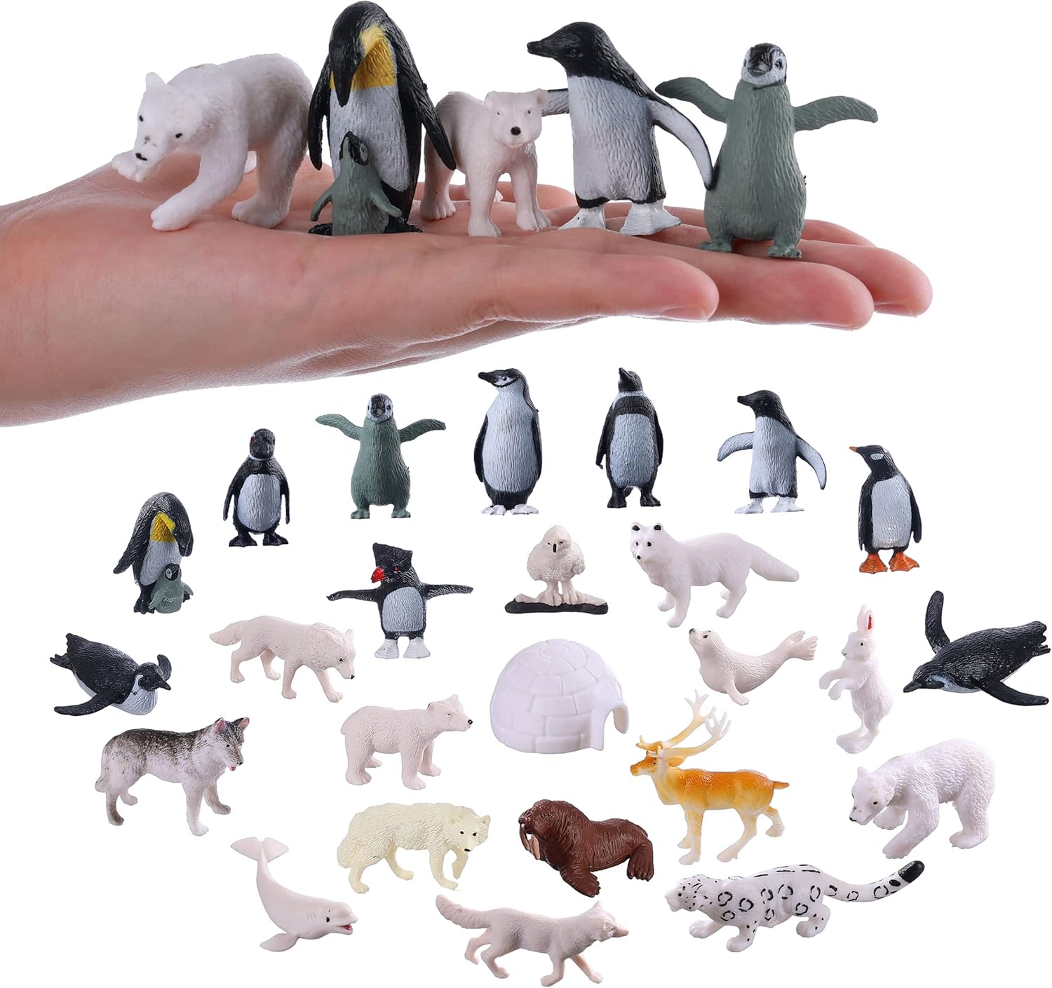 JOKFEICE Small Polar Animals Figurines, 25pcs Realistic Penguin Polar Bear Winter Animals for Early Educational Birthday Cupcake Topper Gift for Kids