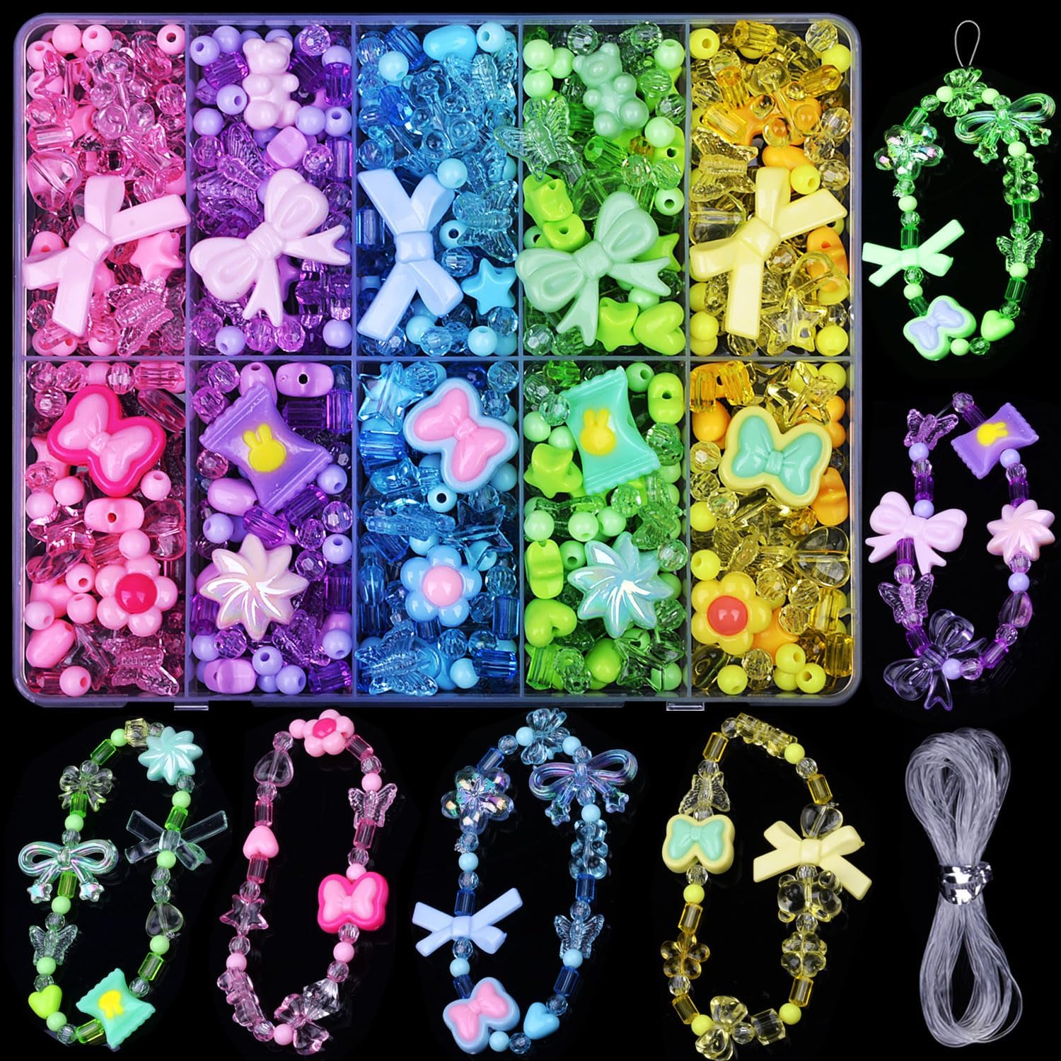 300-500PCS Assorted Acrylic Beads for Bracelet Making, Pony Bead Flower Bow Butterfly Candy Star Heart GummyBear Kawaii Bracelet Charms,Cute Beads for Crafts Jewelry Making DIY Keychain Phone Charms