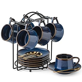 YHOSSEUN Espresso Cups Set of 6, 4 OZ Expresso Shots Cup Small Coffee Cup with Sacuers Metal Stand, Ceramic Espresso Cups for Cappuccino, Latte, Cafe Mocha and Tea, Blue