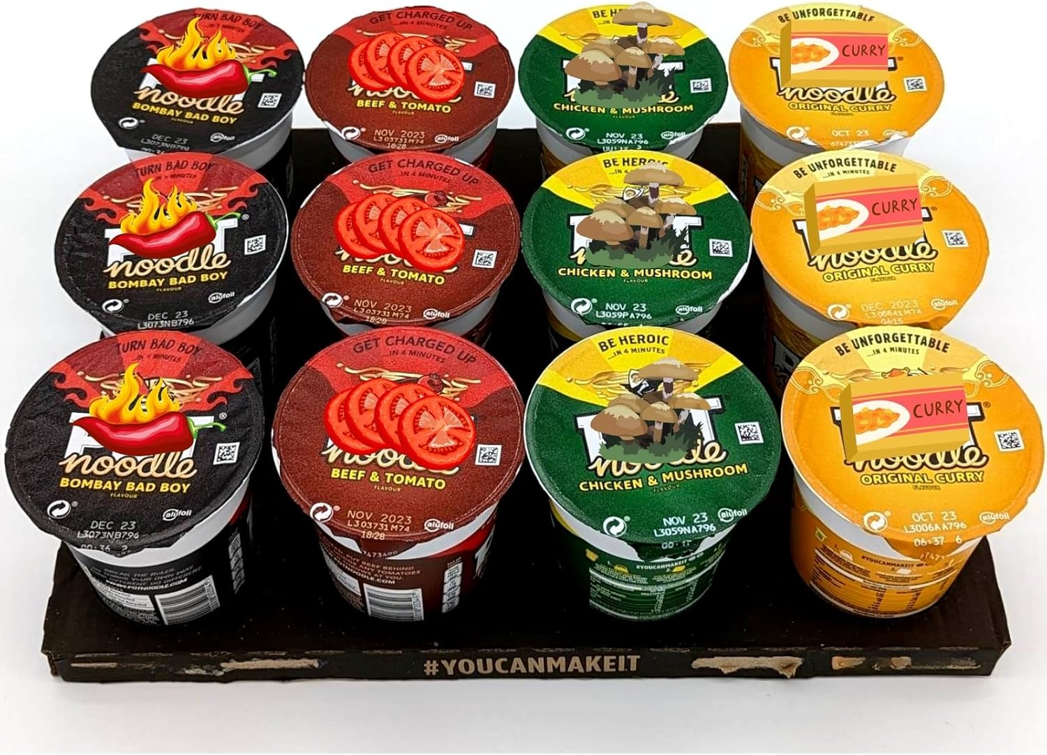 Noodles Multipack of 12 With 3x Pot Noodle Beef and Tomato,3x Chicken & Mushroom, 3xOriginal Curry, and 3xBombay Bad Boy - Quick and Easy Ready Meals and Snacks