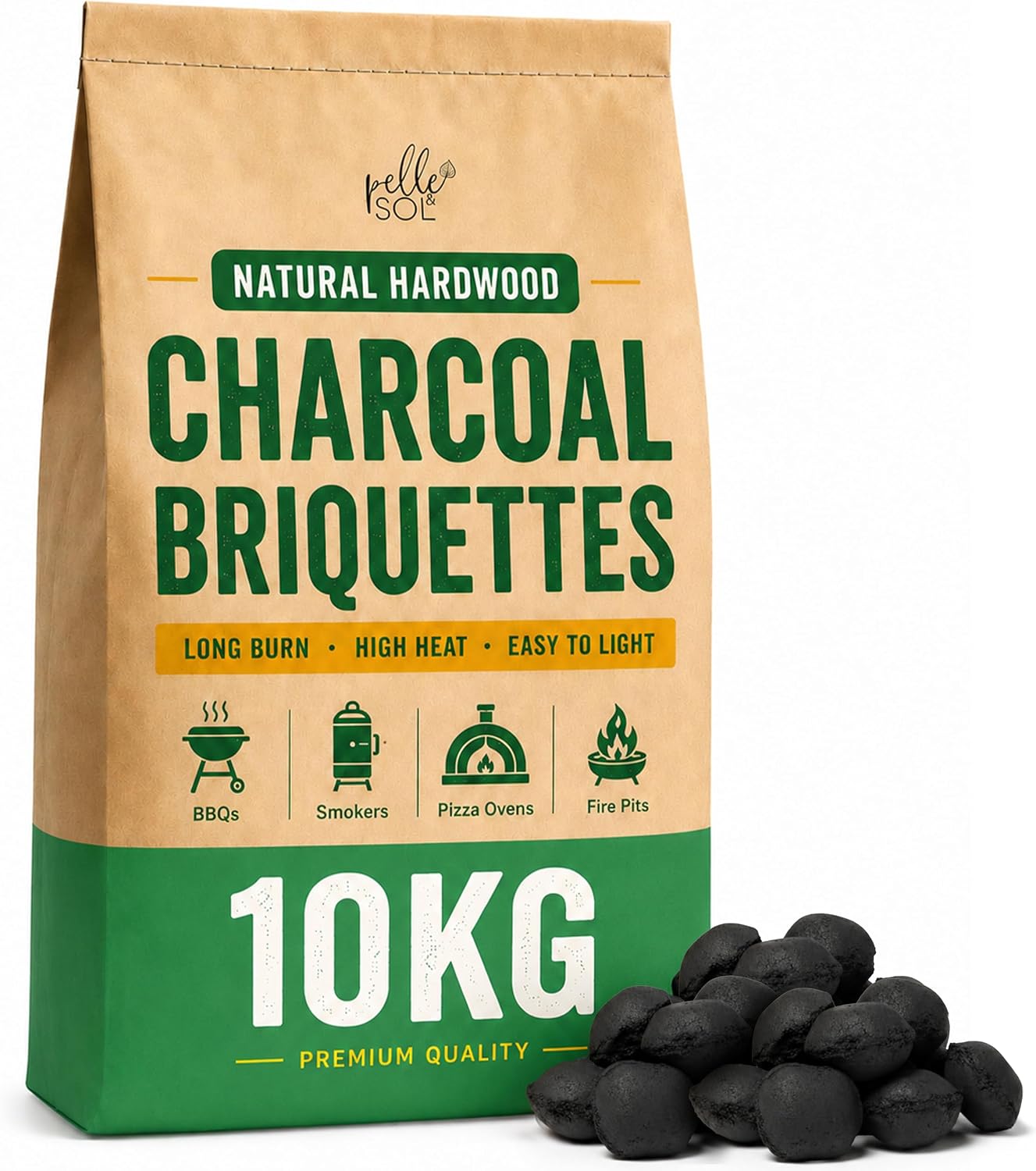 Pelle & Sol Charcoal BBQ Briquettes 10kg - Long Burning Barbecue Charcoal