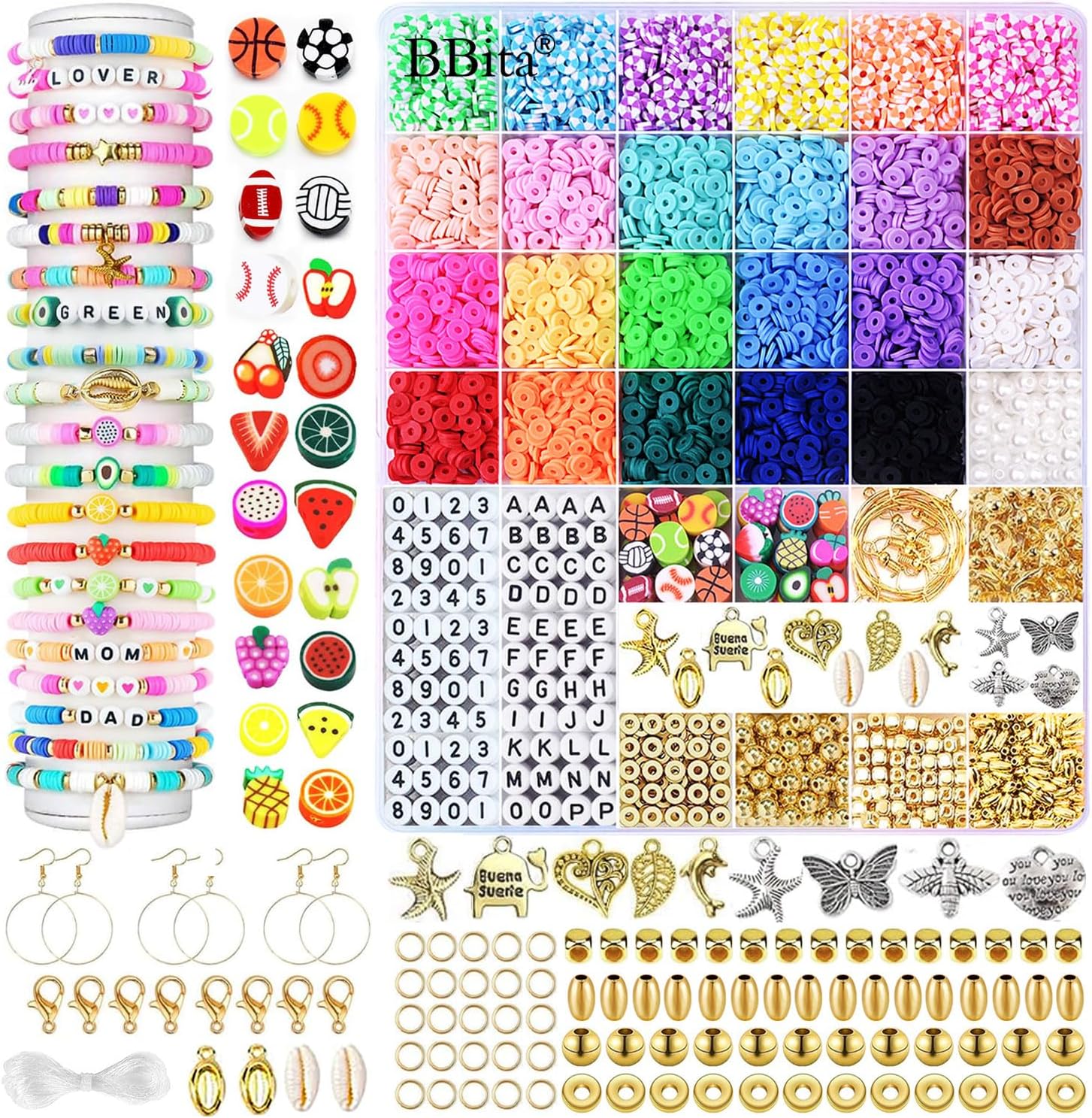 BBita 6680Pcs Clay Beads Bracelet Making Kit, Flat Preppy Beads for Friendship Bracelets, Polymer Clay Beads with Charms for Jewelry Earrings Necklaces Making Kit, Crafts Gifts for Girls Ages 6-12
