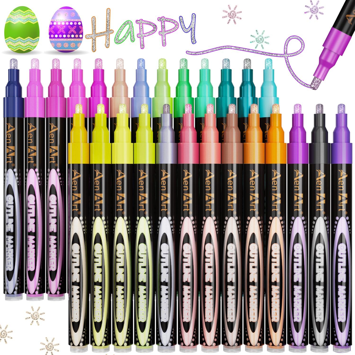 Aen Art Double Line Pens, 26 Colors Shimmer Outline Marker, Self-Outline Metallic Pen Art Supplies for Teen Girl Birthday Gifts