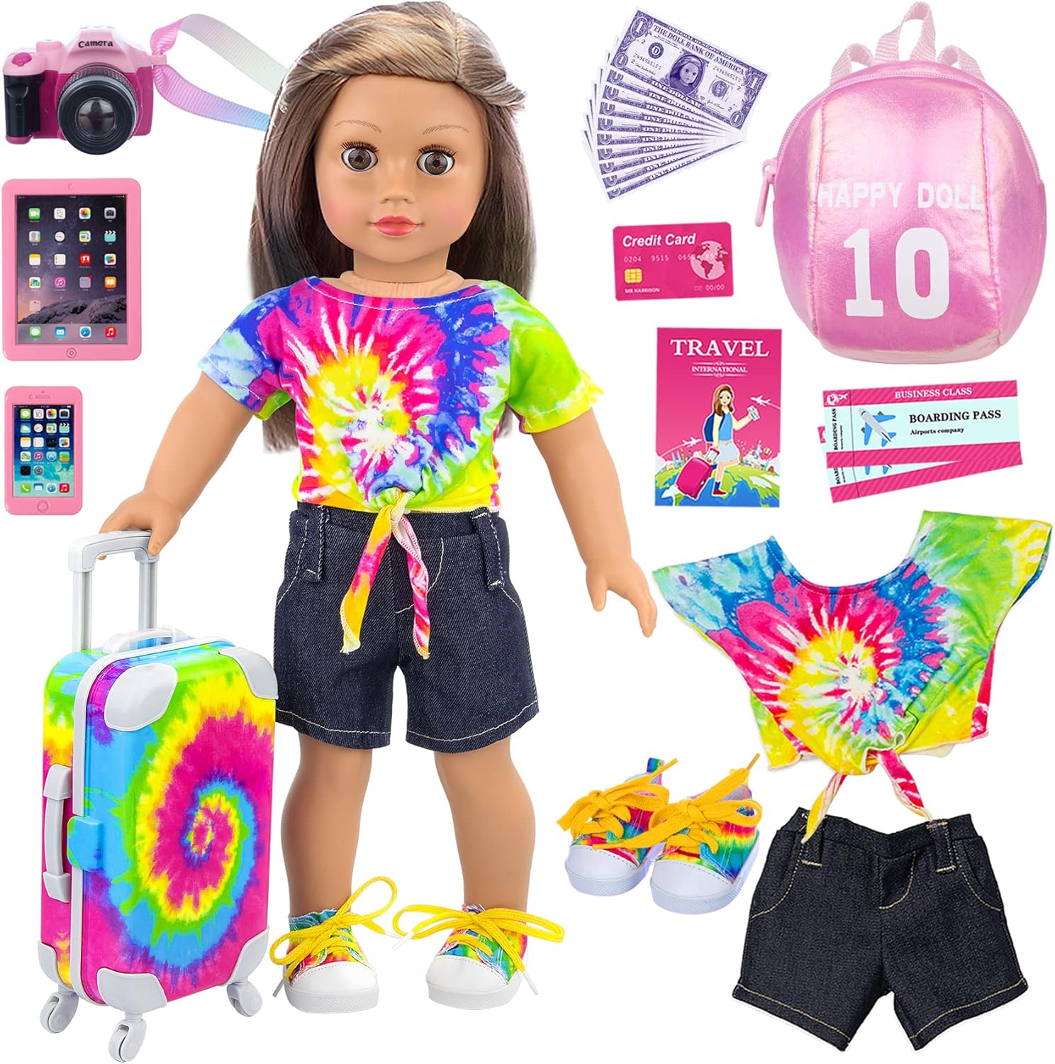 Ecore Fun 23 Pcs 18 inch Girl Doll Accessories Suitcase Travel Luggage Play Set,18" Doll Travel Carrier Storage, Including Suitcase, Clothes, Shoes, Backpack, Camera, Computer, Cell Phone(No Doll)