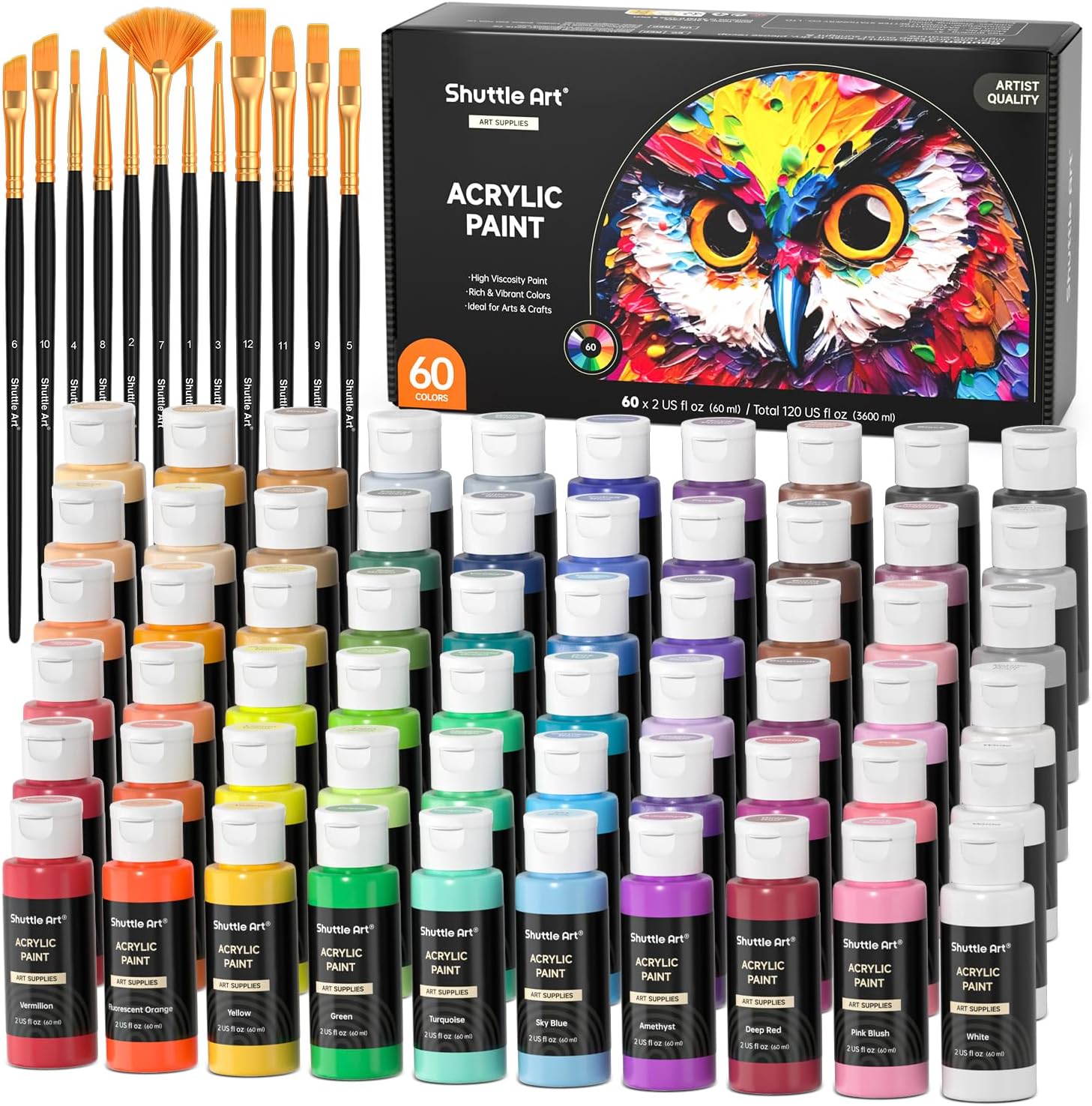 72 Pack Acrylic Paint Set, Shuttle Art 60 Colors Acrylic Paint Including Extra White Black & 12 Brushes, 2oz/60ml, Rich Pigmented, Water Proof, Ideal for Artists, Beginners on Canvas Rock Wood Ceramic