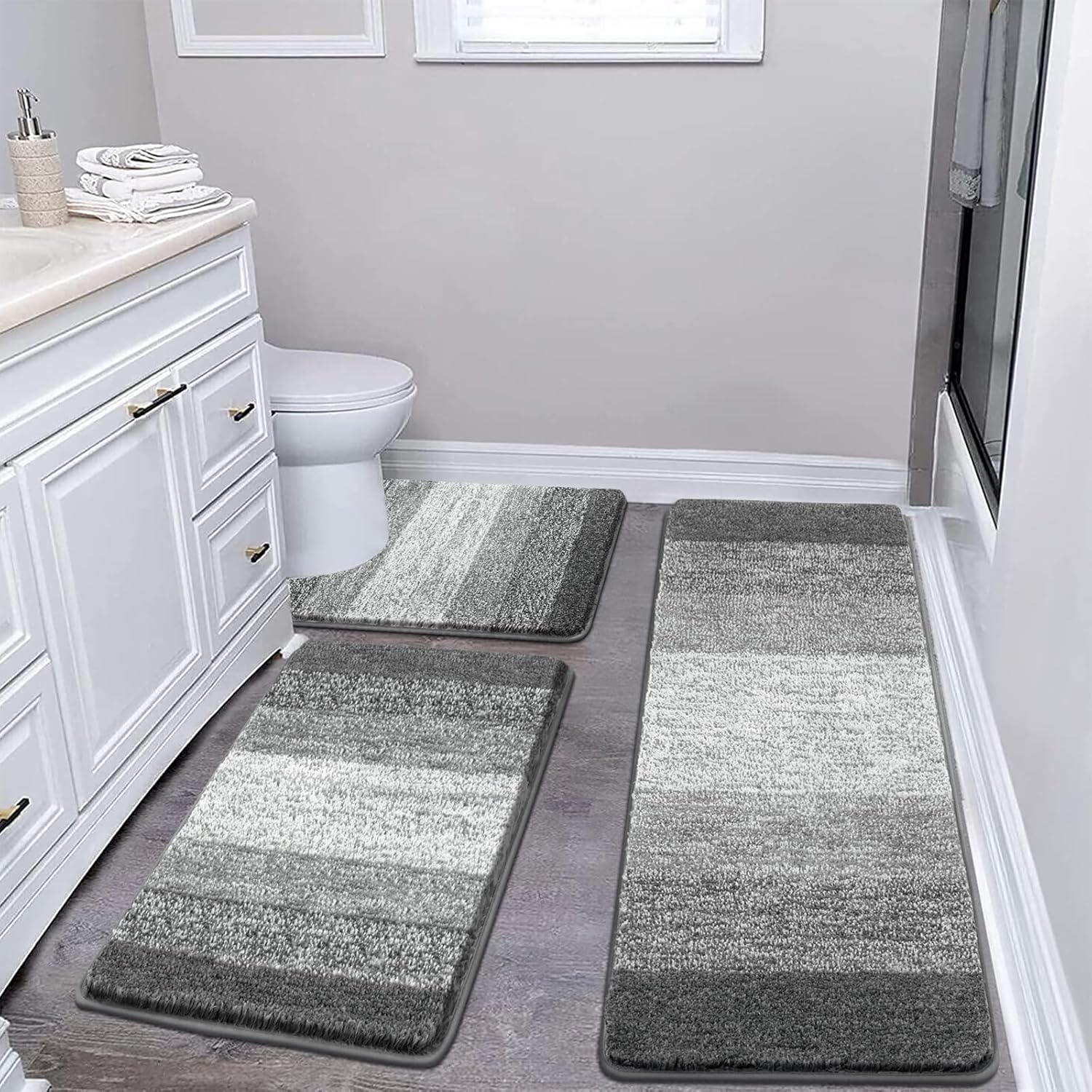 Pauwer Bathroom Rugs Sets 3 Piece Shower Rugs with U-Shaped Contour Toilet Mat Absorbent Microfiber Plush Bath Mats Non Slip Bath Rugs Machine Washable Shaggy Bathroom Floor Mats, Grey