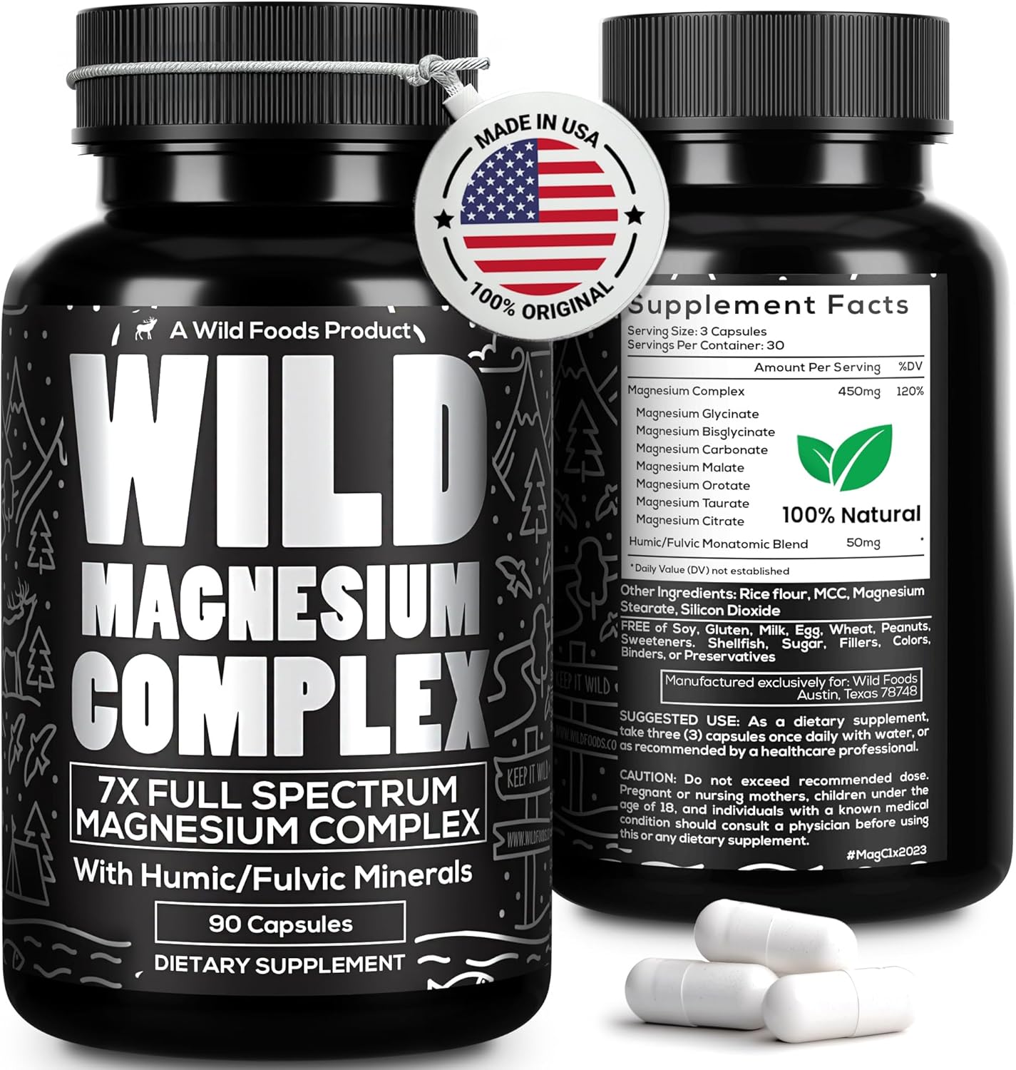 Wild Foods Magnesium Complex Supplement with 7X Forms, 90 Capsules | High Absorption, Full Spectrum, Easy Digestion | 500mg Glycinate, Bisglycinate, Malate, Orotate, Citrate, Taurate