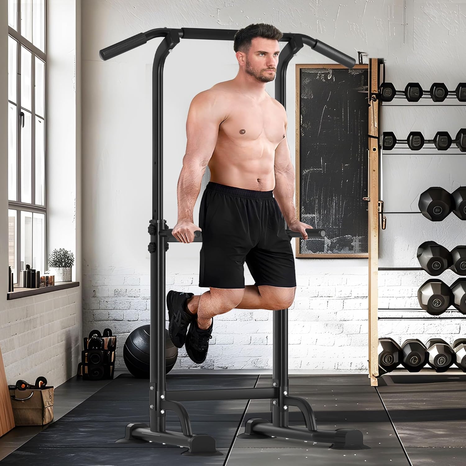 SogesHome Power Tower Pull Up Bar and Dip Station Adjustable Height Dip Stand Multi-Functional Strength Training Fitness Workout Station