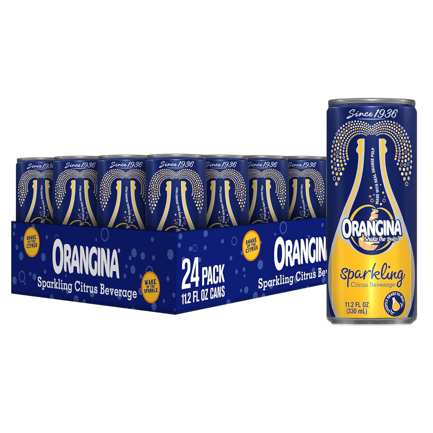 Orangina - Citrus Sparkling Juice Beverage - Light Pulp - Original Imported European French Recipe - No Artificial Ingredients - (Pack of 24) (11.2 oz Can)