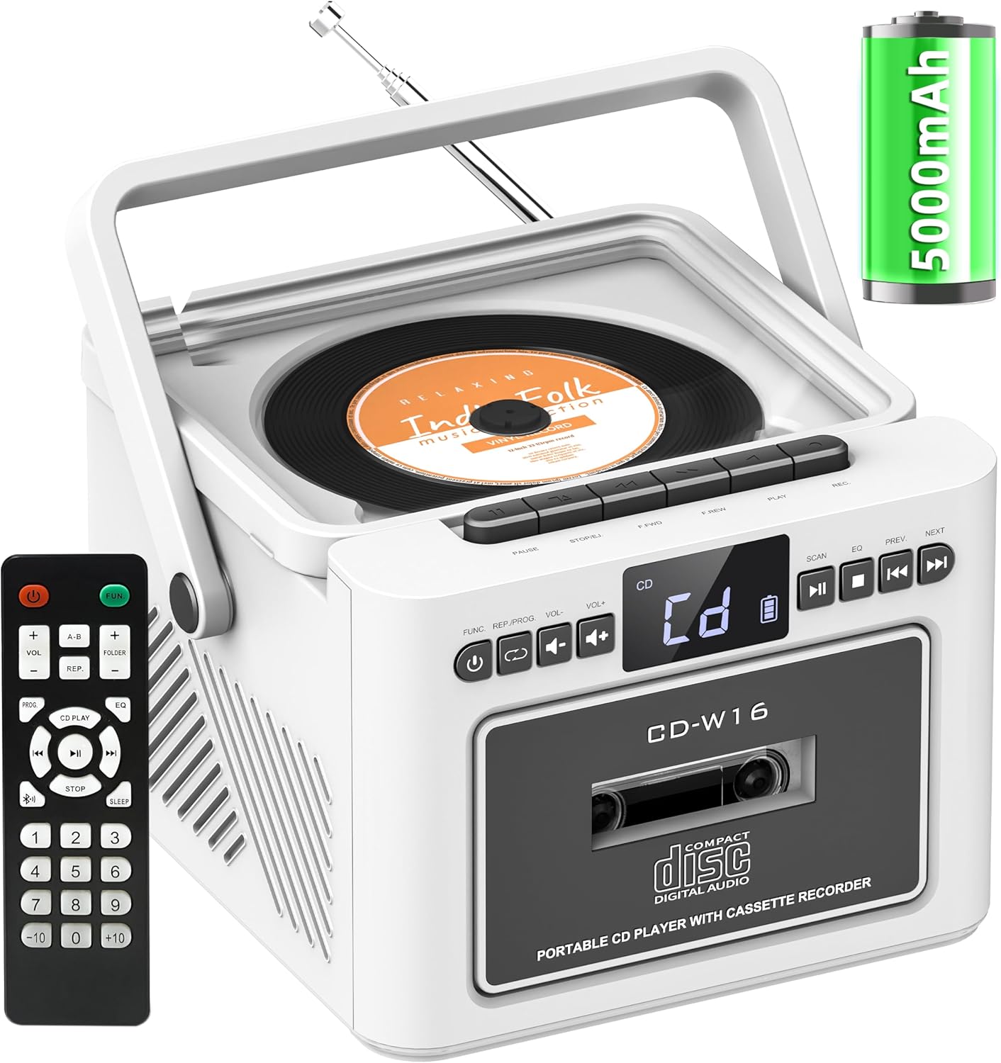 Boombox CD Player with Speakers, CD Cassette Player Combo with Bluetooth, Portable Radio CD Players for Home,5000mAh Rechargeable Battery,Remote control,StereoHifi System,Supports USB/AUX/Micro Card