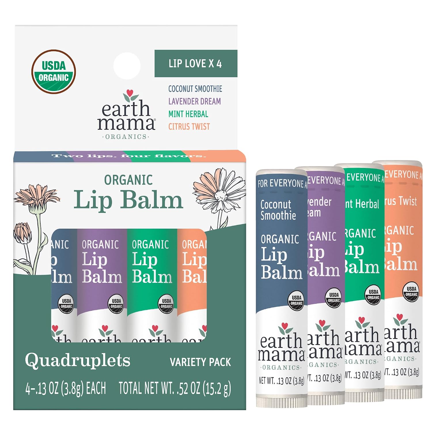 Earth Mama Organic Lip Balm Variety Pack - 4 Flavors - 4 Pack