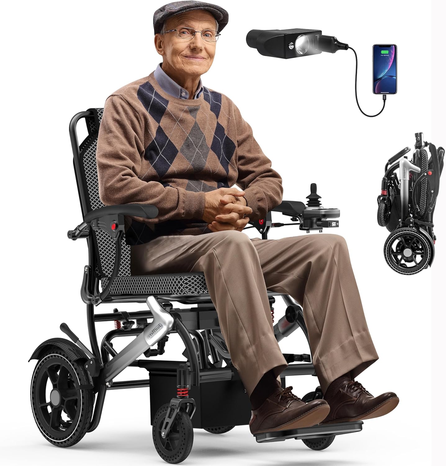 Electric Wheelchairs for Adults, Power Motorized Foldable Wheelchairs for Seniors Support 350 LBS, Only 36LBS Weight,15 Miles Range, Airline Approval & 500W Brushless Motors& LED Light(SiIver CoIor)