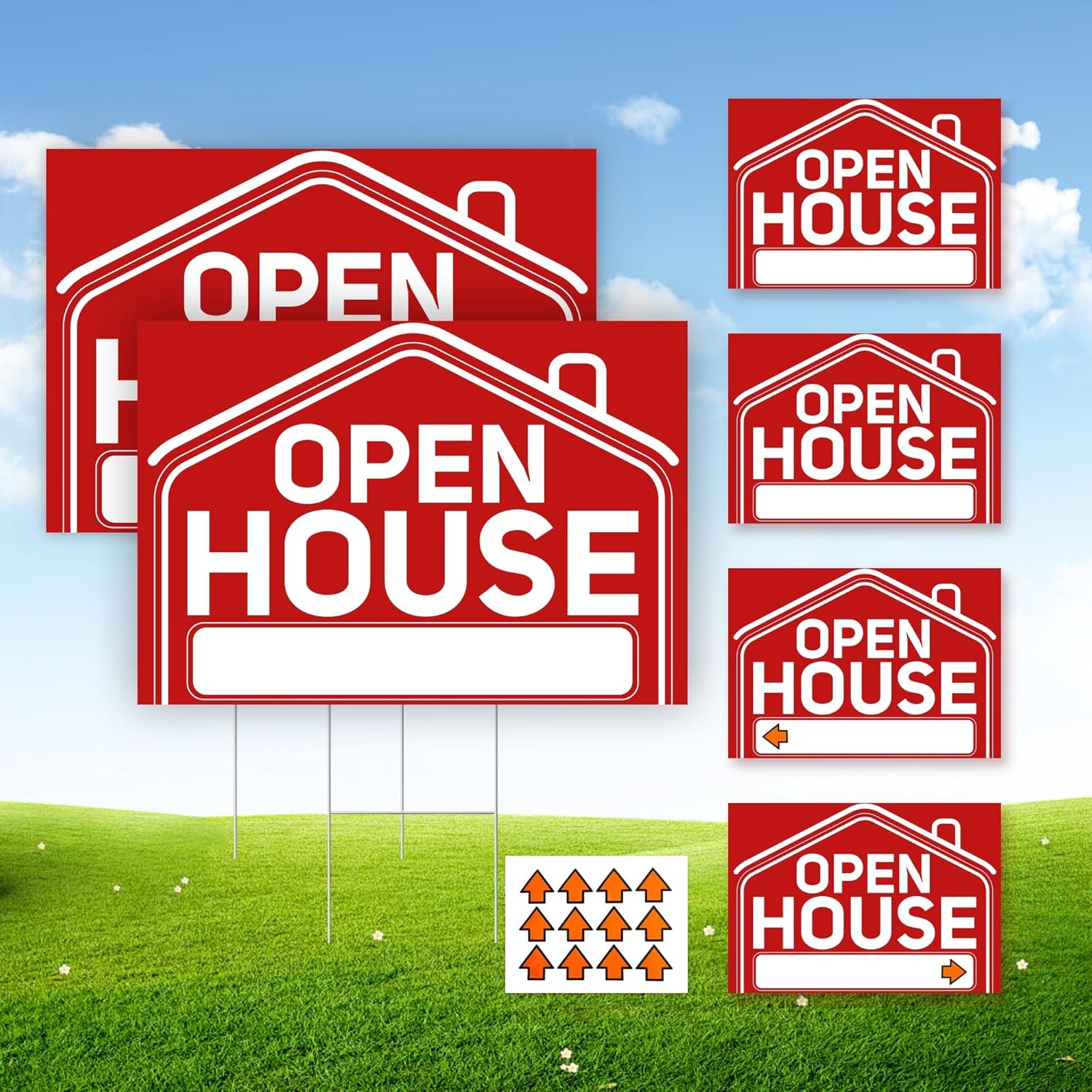 6 Pcs Open House Signs for Real Estate, 2 Pcs 24" x 16" and 4 Pcs 17" x 12" Open House Signs with Sturdy Metal Stakes and 24 Arrow Stickers, Double-Sided Waterproof Yard Signs for Open House Supplies