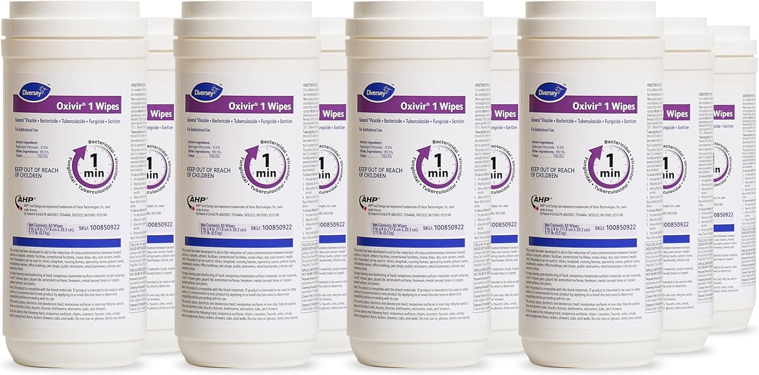 Oxivir Diversey 1 100850922 Disinfectant Cleaning Wipes, Pre-Moistened with Accelerated Hydrogen Peroxide AHP, Unscented, 60 Medium 7x8-Inch Wipes, 1-Slim Canister (Pack of 12)