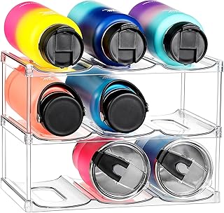 LANDNEOO Stackable Water Bottle Organizer Holder - for Stanley & Others' Large Tumbler Organization - Clear Wine Rack, Bottle Holder for Home Countertop Fridge Pantry Shelf, 3 Tier Hold 9
