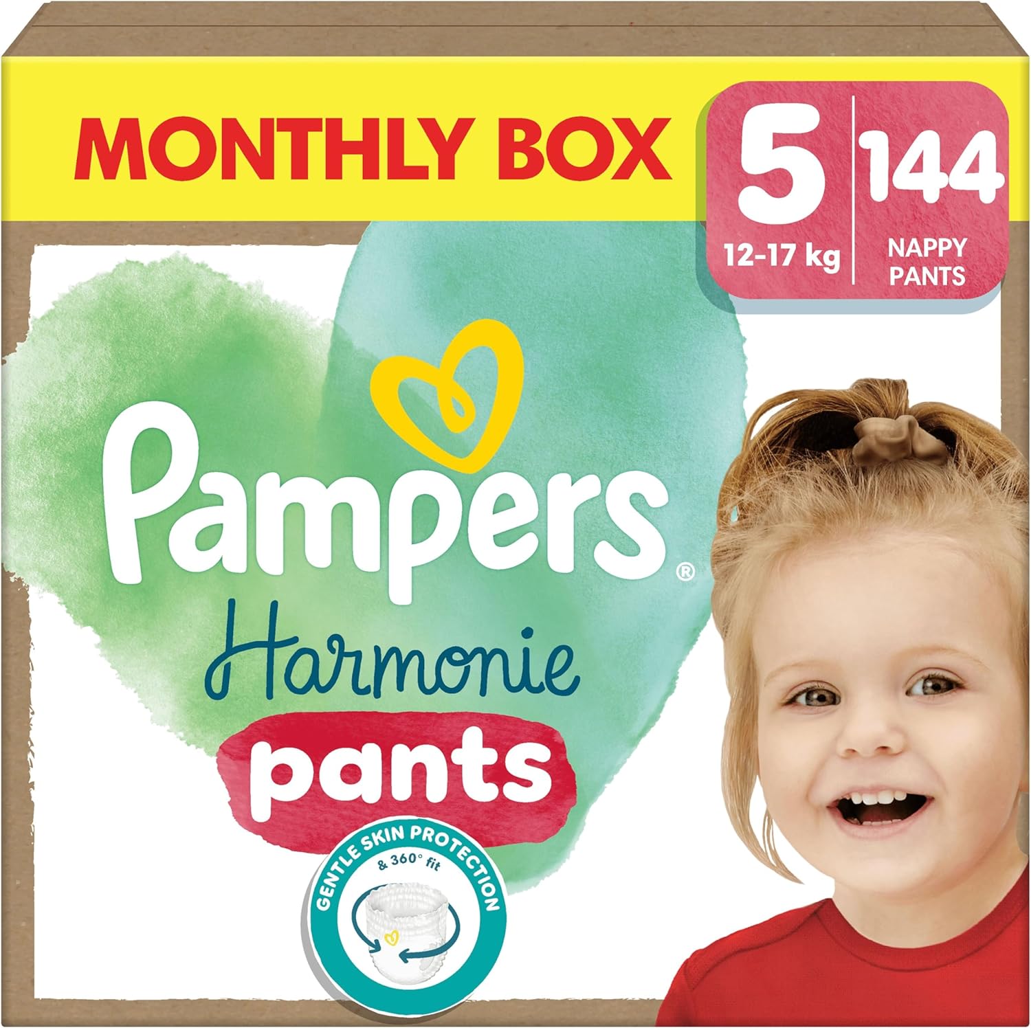 Pampers Harmonie Nappy Pants Size 5, 144 Nappies, 12kg-17kg, Monthly Pack, Gentle Skin Protection and 360° Comfort Fit