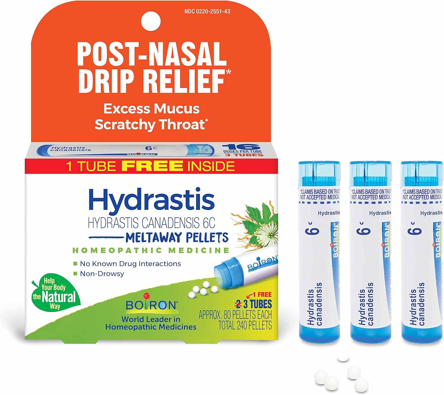 Boiron Hydrastis Canadensis 6C Homeopathic Medicine for Post-Nasal Drip Relief, Excess Mucus, Scratchy Throat - 3 Count (240 Pellets)