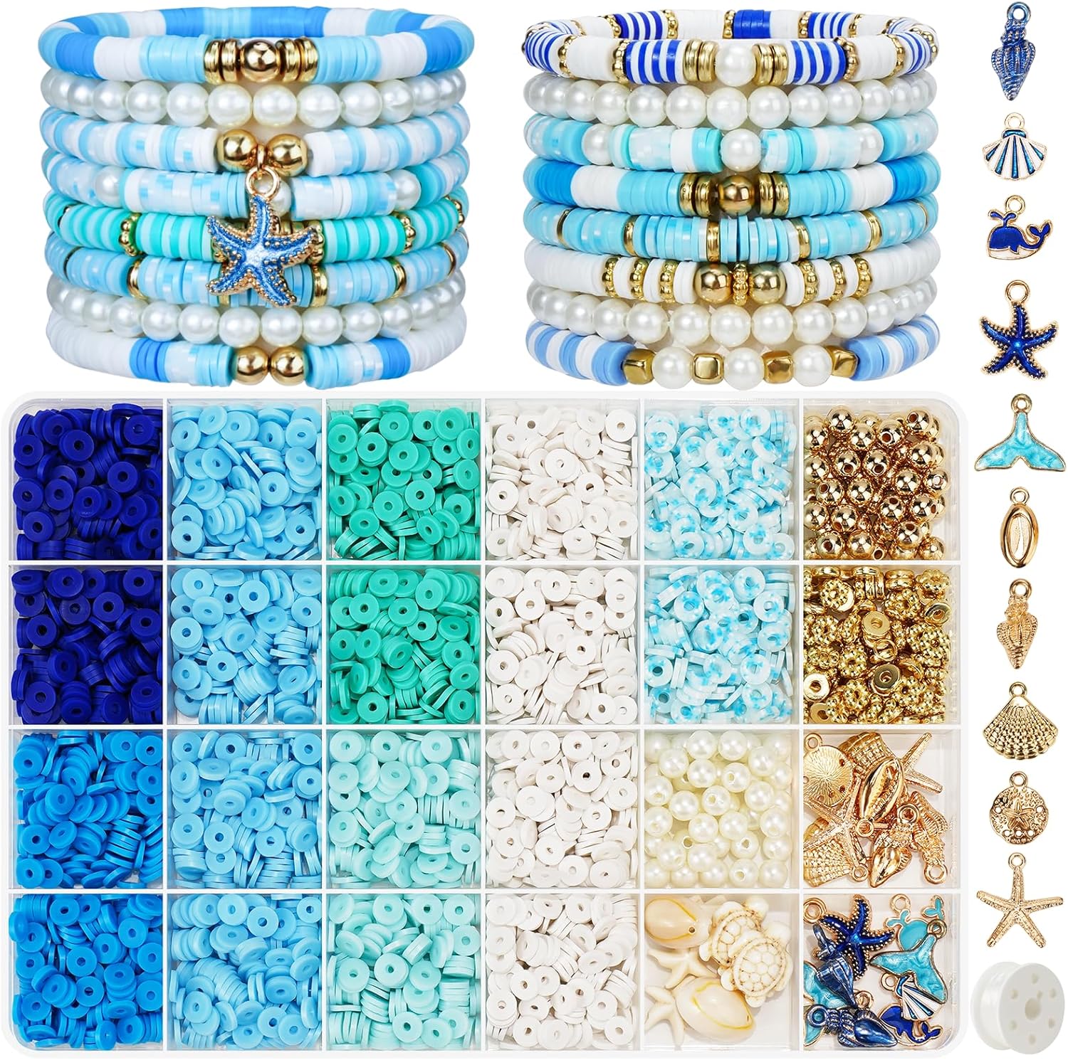 Gionlion Clay Beads for Bracelets, Blue Clay Beads Bracelet Making kit with Golden Pearl Beads for Jewelry Making, Beach Charms Bracelet Kit and Crafts DIY Gifts for Women Beach Fashion