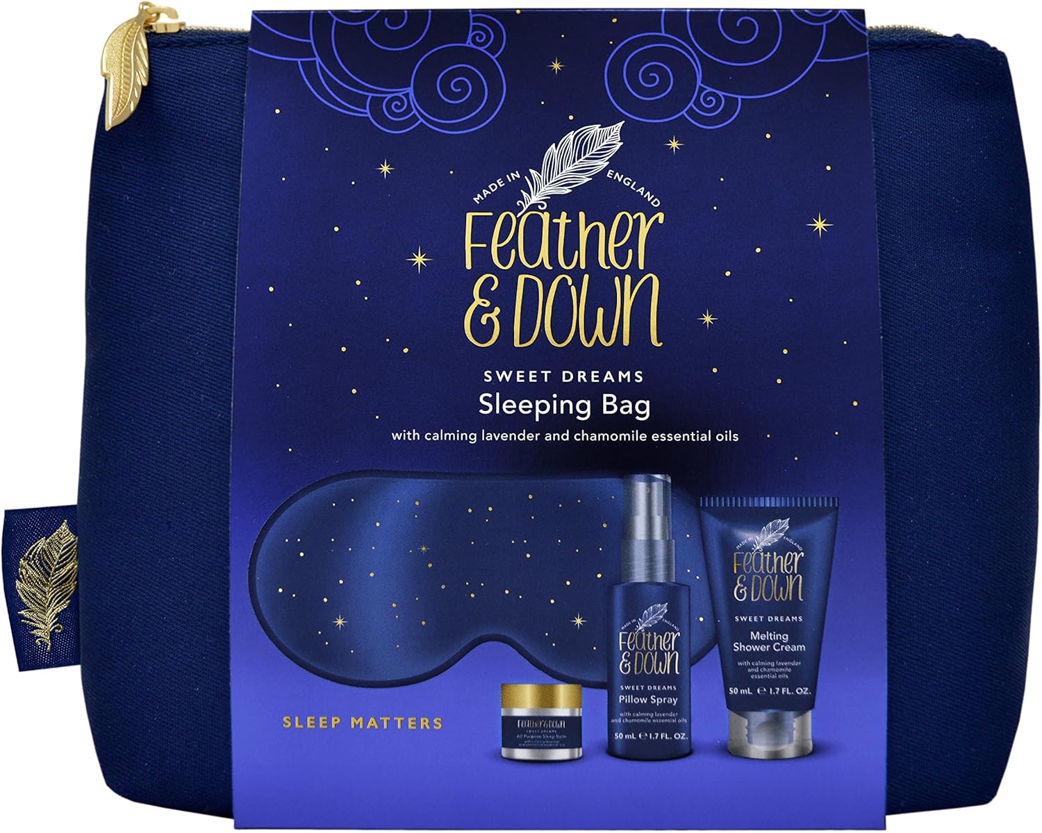 Feather & Down Sleeping Bag Gift Set (luxury eye mask, sleep balm, pillow spray and shower cream) - with calming lavender & chamomile essential oils. Vegan Friendly & Cruelty Free.