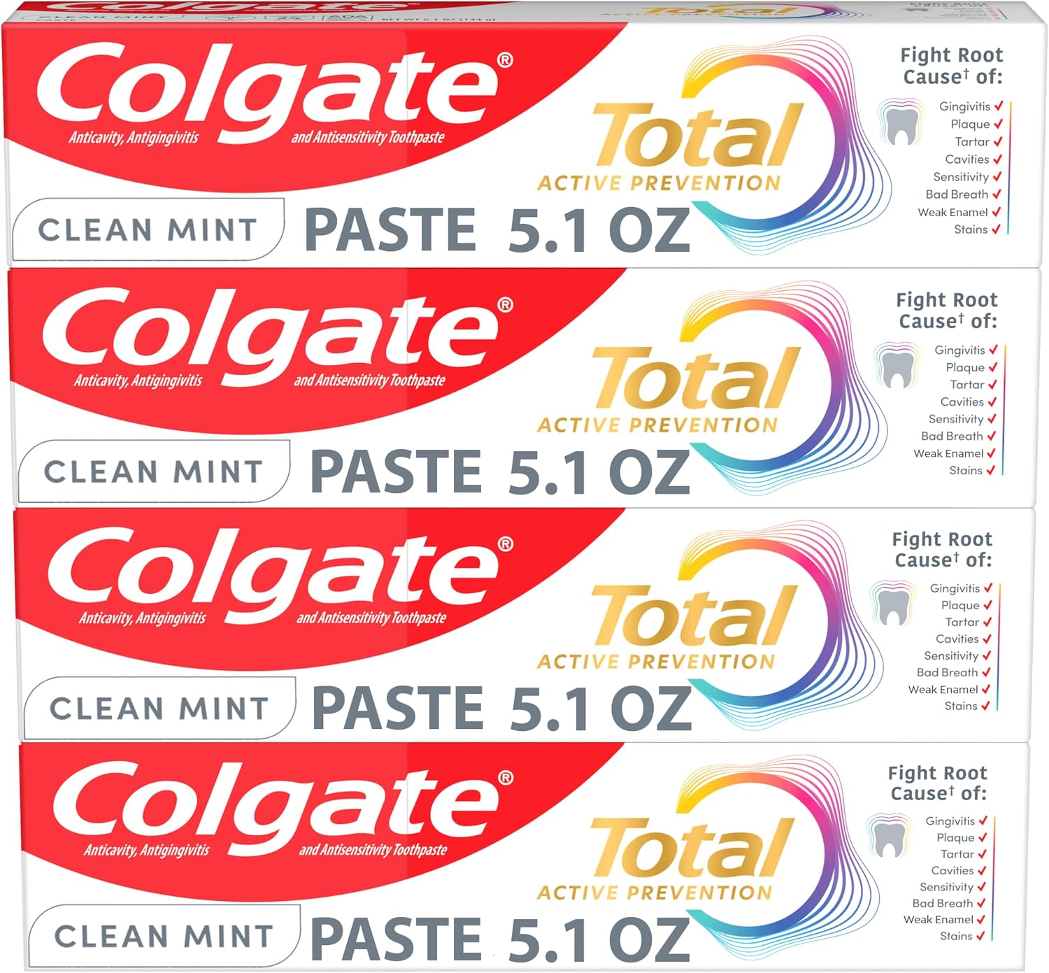 Colgate Total Fluoride Toothpaste, Clean Mint, 4 Pack, 5.1 oz