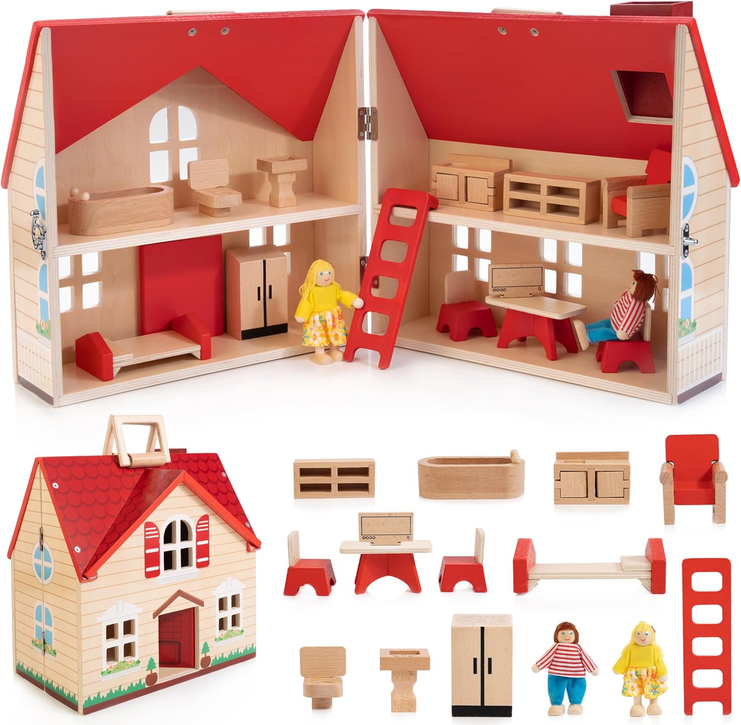 Foldable Wooden Dollhouse with 13pcs Furniture, 4 Rooms and 2 Flexible Dolls, Pretend Play House Set with Portable Handle, Christmas Birthday Gift for Boys Girls Kids Age 3+
