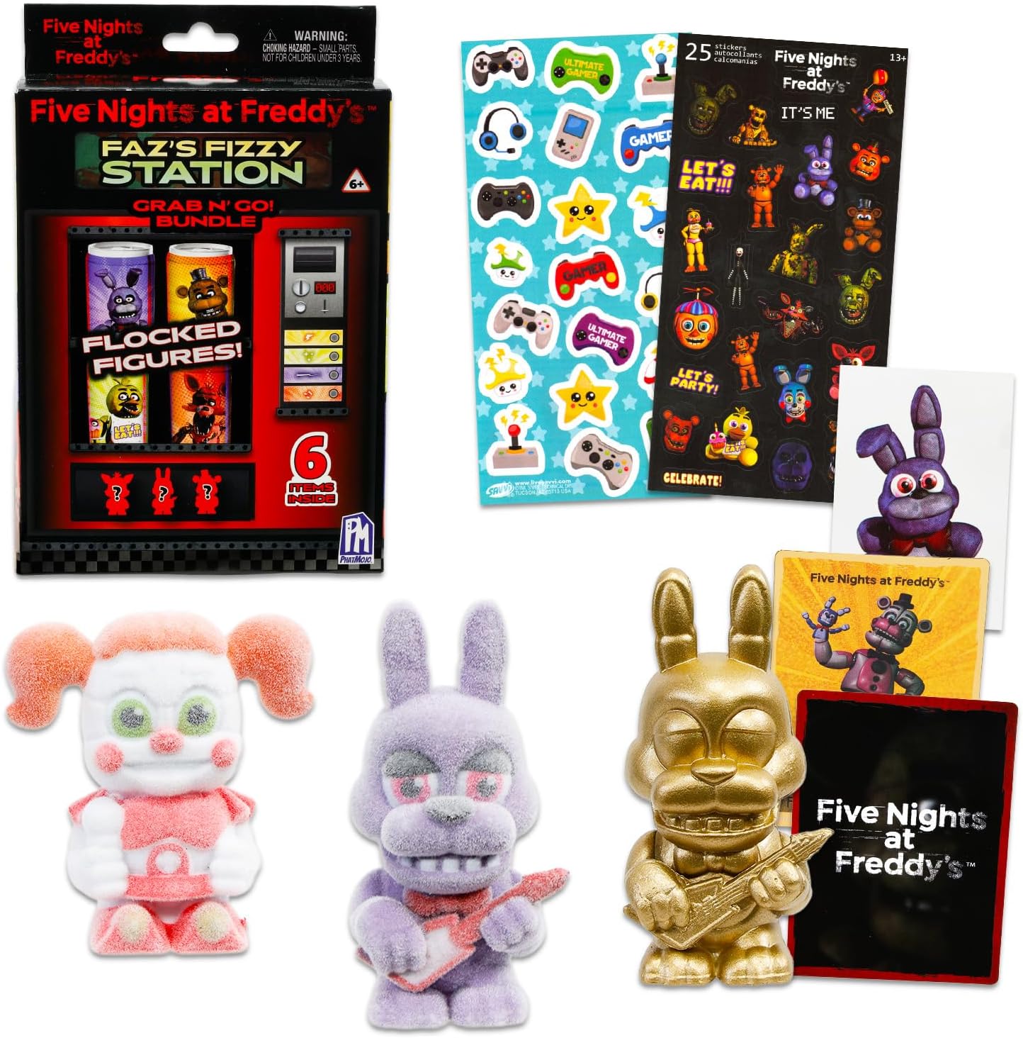 Five Nights at Freddy's Faz's Fizzy Station Mystery Toys Set - Bundle with 3 FNAF Mystery Mini Figures Plus Stickers, Trading Card, More | Five Nights at Freddy's Mystery Figurines for Kids Set