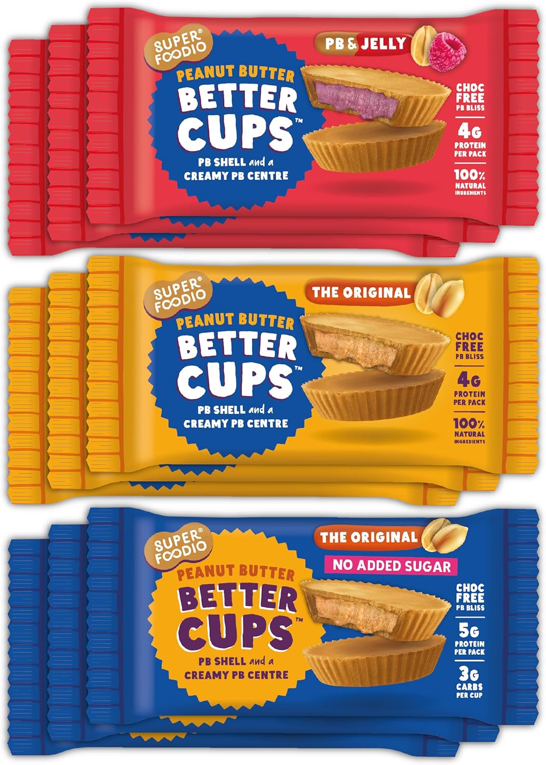 SUPERFOODIO Peanut Butter BETTER CUPS | 30g x 9 Variety packs | Choc free, PB Bliss | All-Natural Ingredients | Protein | No Refined Sugar | Vegan (30g x 9 Packs)