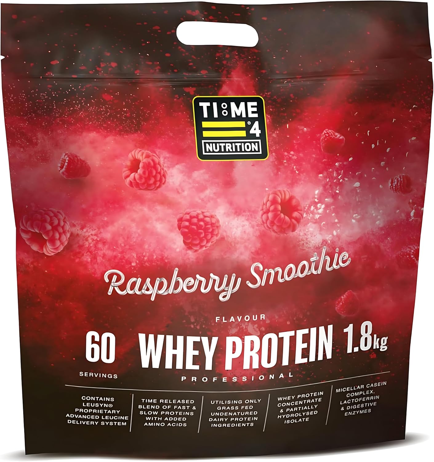 Time 4 Nutrition Whey Protein Professional Time Release Grass Fed Native Whey Protein Concentrate, Partially Hydrolysed Isolate & Micellar Casein (Raspberry Smoothie, 1.8kg Bag)
