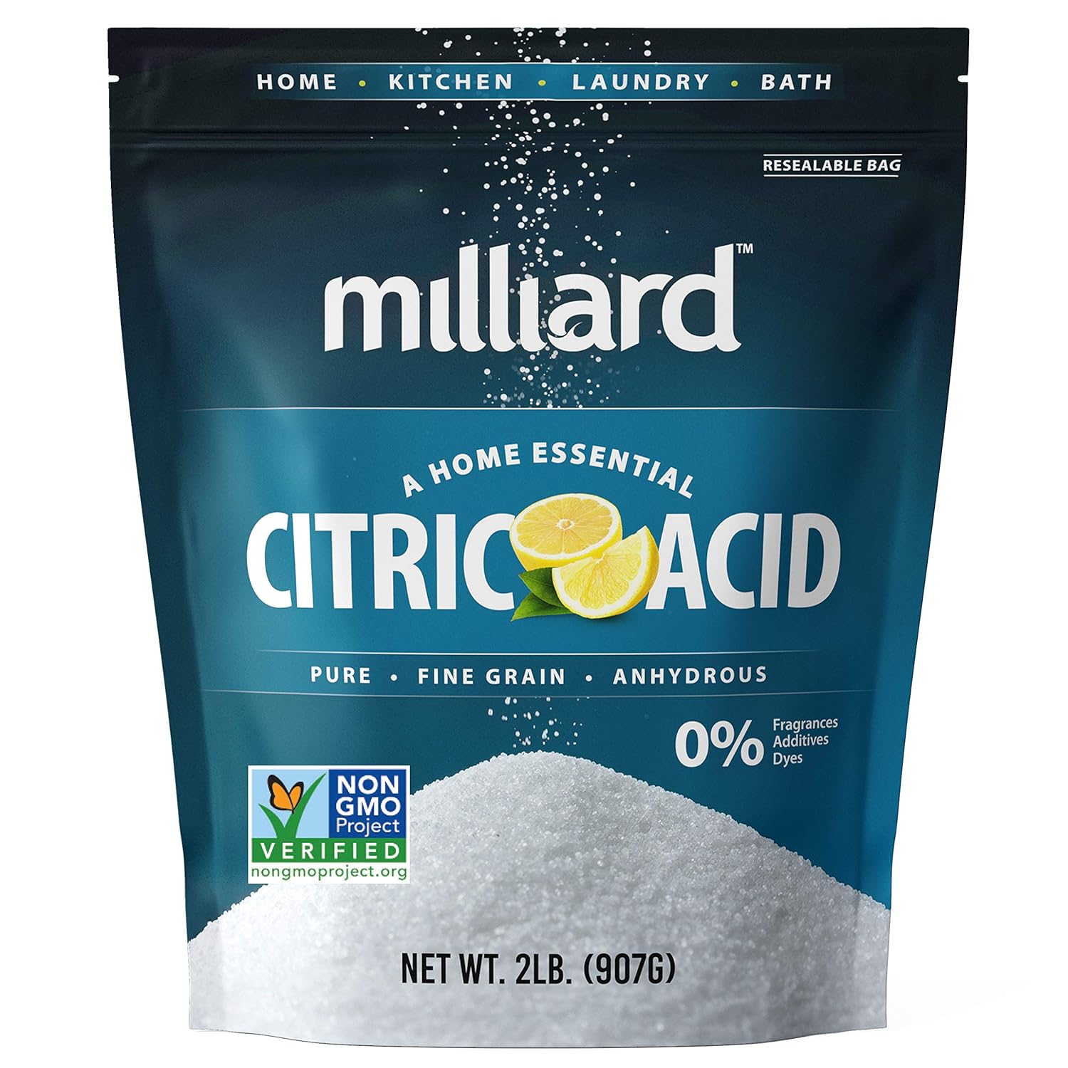 Milliard Citric Acid Powder Food Grade, 2 lb Bag, Bulk, 100% Pure Citric Acid Food Grade, Non-GMO Project Verified, Cleaning, Bath Bombs, Cleaner, Descaler, Dishwasher, Candy, Acido Citrico en Polvo