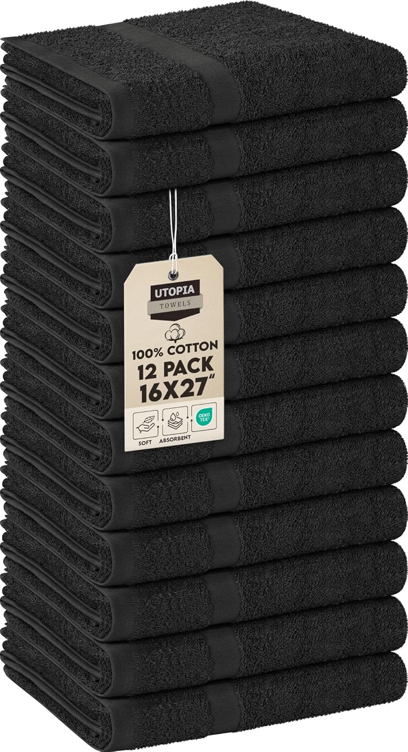 Utopia Towels, Salon Towel, Pack of 12, Not Bleach Proof, 16 by 27 Inches, Highly Absorbent Cotton Towels for Hand, Gym, Beauty, Spa, and Home Hair Care, Black