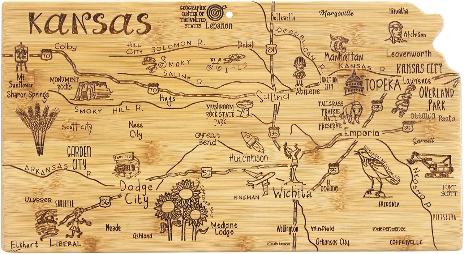 Totally Bamboo Destination Kansas State Shaped Serving and Cutting Board, Includes Hang Tie for Wall Display