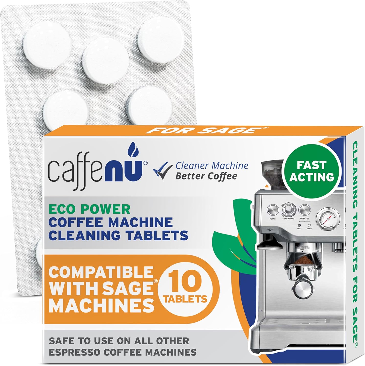 Caffenu Sage & Breville Coffee Machine Cleaning Tablets 10 Pack x 1.4g | Espresso Machine Cleaning Tablets Clean Internal Parts, Portafilter, Inaccessible Areas | Used With Descaling