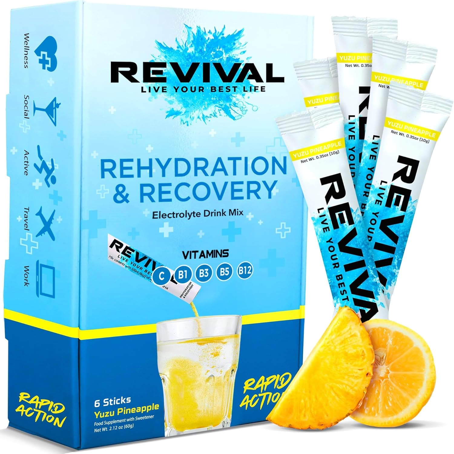 Revival Rapid Rehydration, Electrolytes Powder - High Strength Vitamin C, B1, B3, B5, B12 Supplement Sachet Drink, Effervescent Electrolyte Hydration Tablets - 6 Pack Yuzu Pineapple