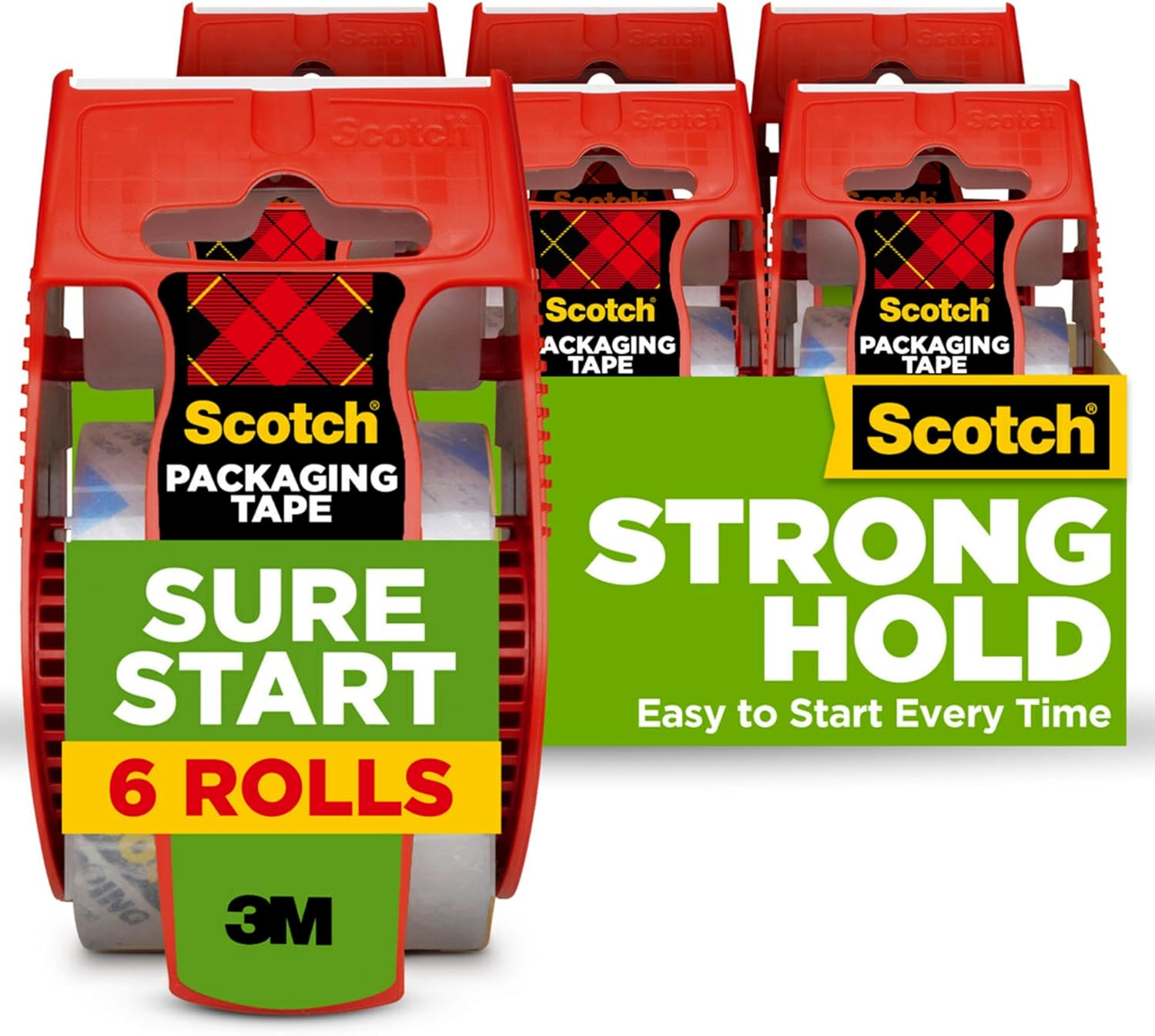 Scotch Sure Start Shipping Packaging Tape, 1.88" x 22.2 yd, Designed for Packing, Shipping and Mailing, Quiet Unwind, No Splitting or Tearing, 1.5" Core, Clear, 6 Dispensered Rolls (145-6)
