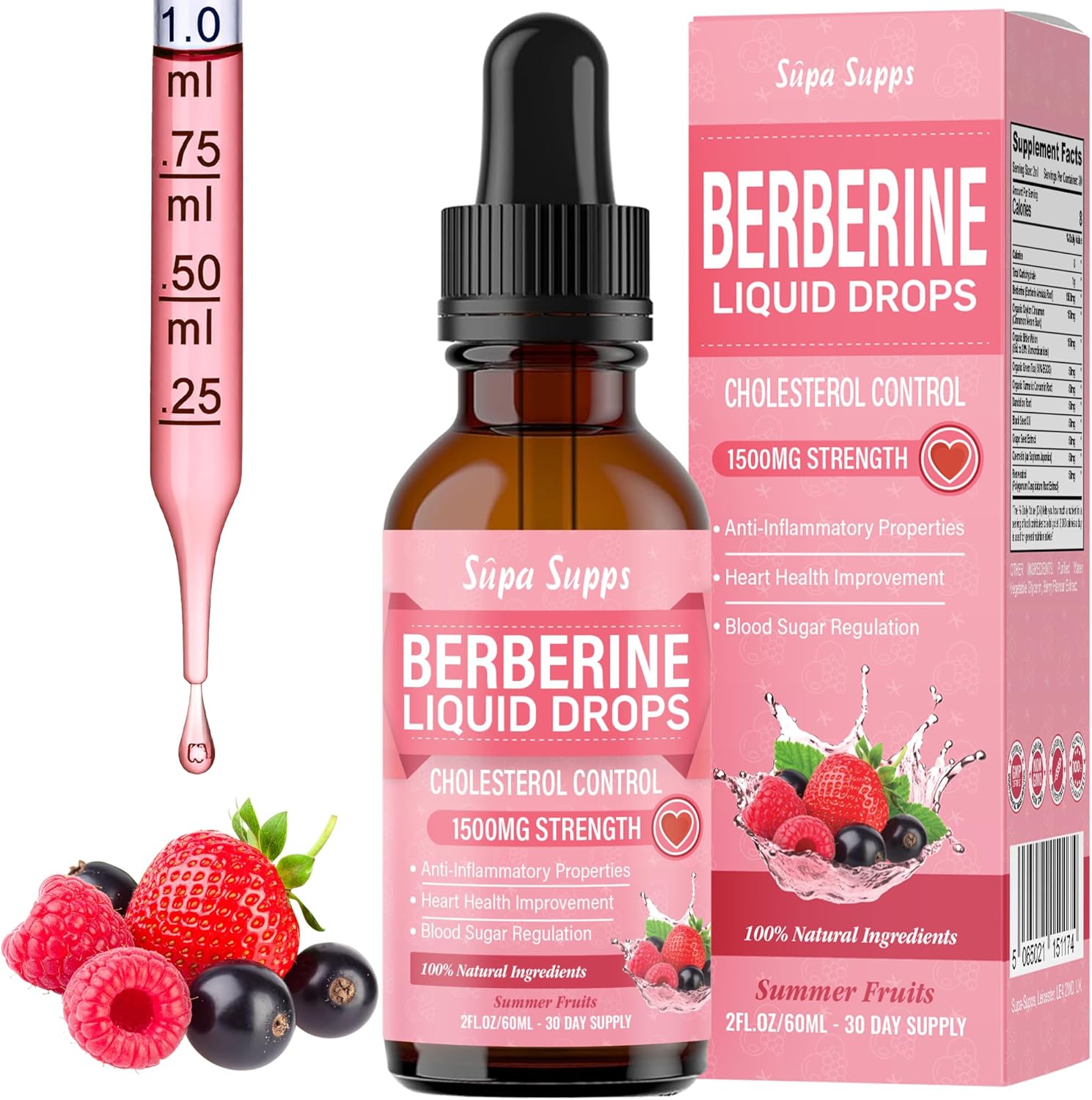 Berberine Liquid Drops - 60ml | Berberine Supplement 1500mg High Strength for Cholesterol Support | Natural Cholesterol Lowering Supplements | Aids Blood Sugar Balance - Summer Fruits Flavour