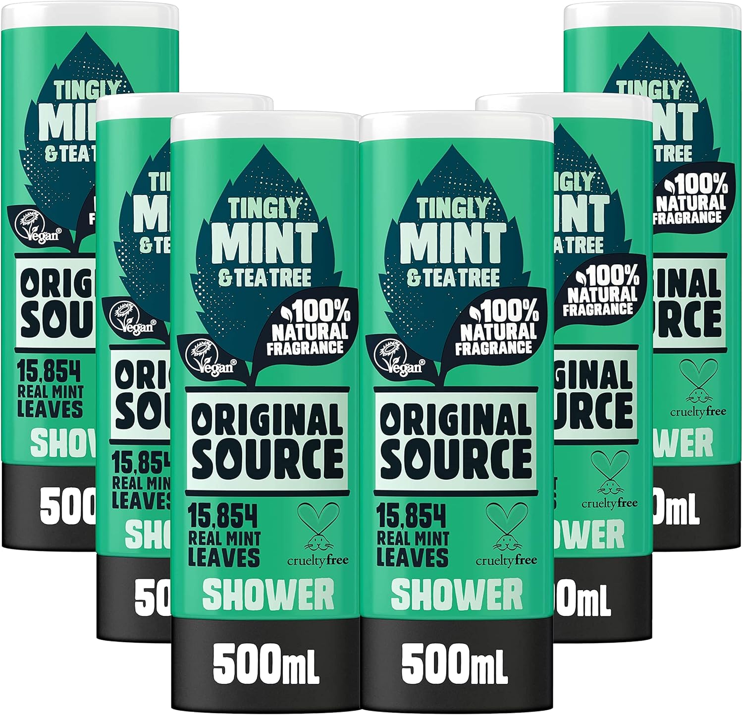 Original Source Mint & Tea Tree Shower Gel, 100 Percent Natural Fragrance, Vegan, Cruelty Free, Paraben Free, Bulk Buy, Pack of 6 x 500 ml