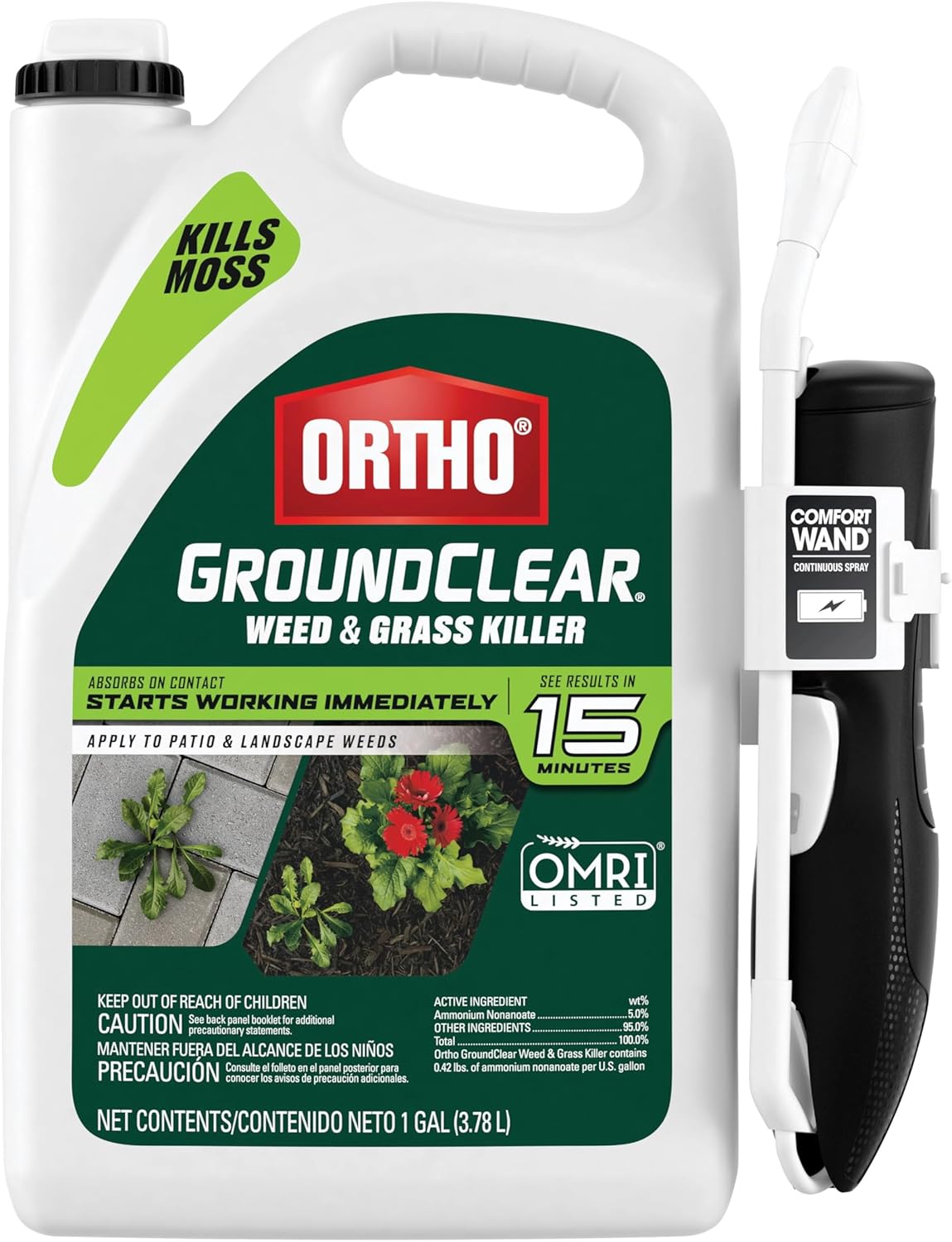 Ortho GroundClear Weed and Grass Killer with Comfort Wand, Kills Dandelions, Chickweed, Crabgrass, Moss and More in Patios and Landscapes, OMRI Listed, 1 gal.